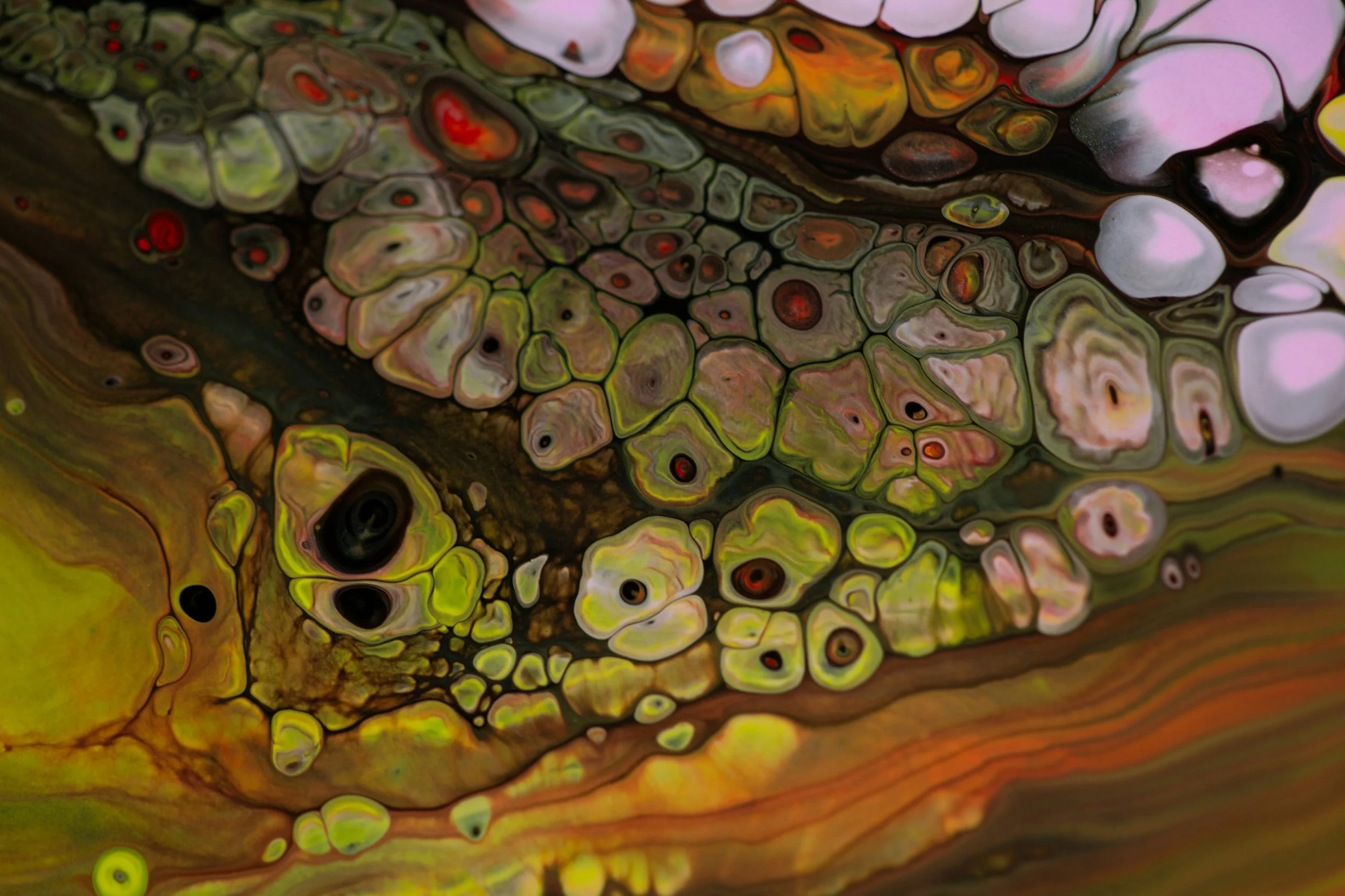 Abstract artwork with colorful patterns resembling cells or bubbles in shades of yellow, green, pink, and black.