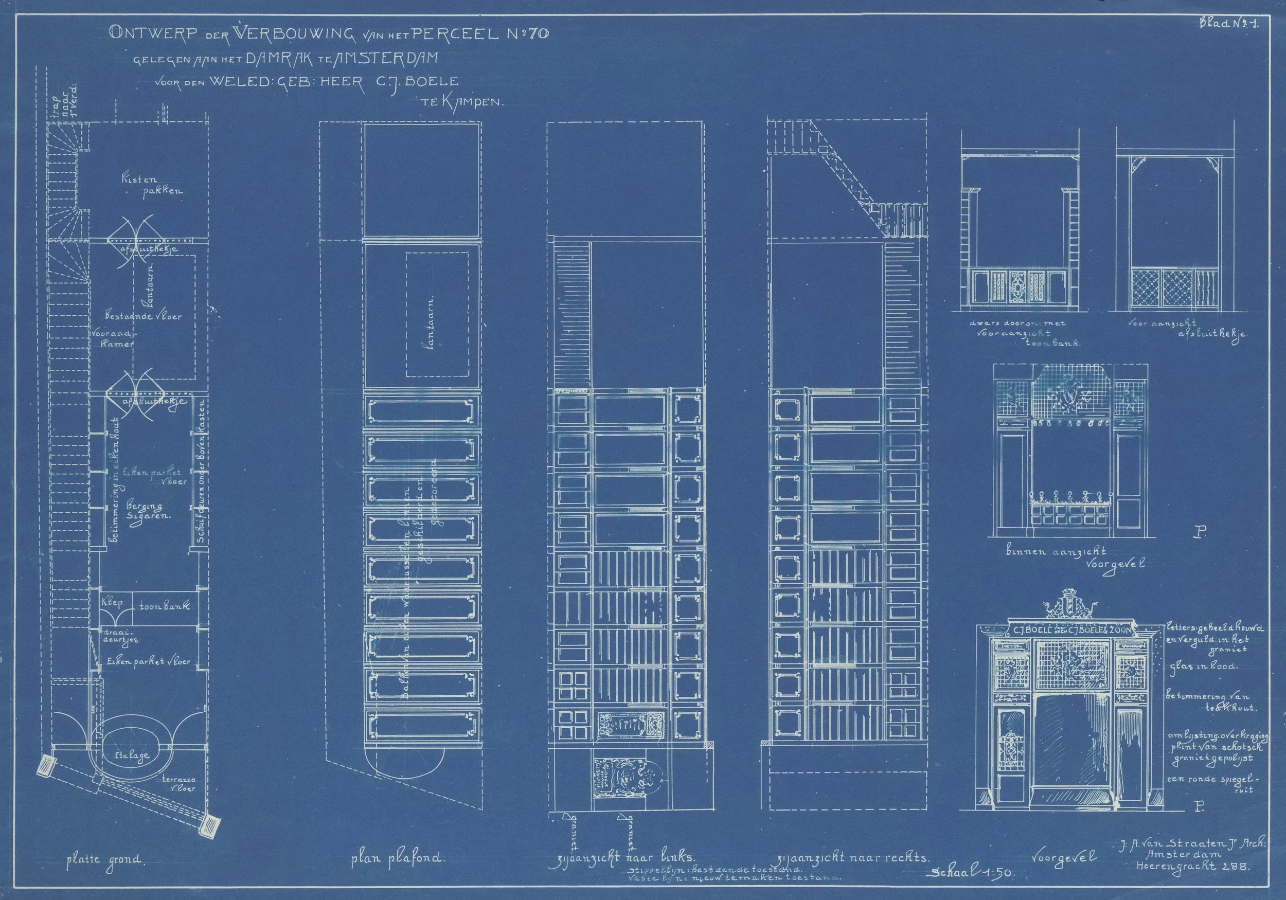 Blueprint of a historic building with detailed sections and plans, including ground plan, ceiling plan, and elevation views.
