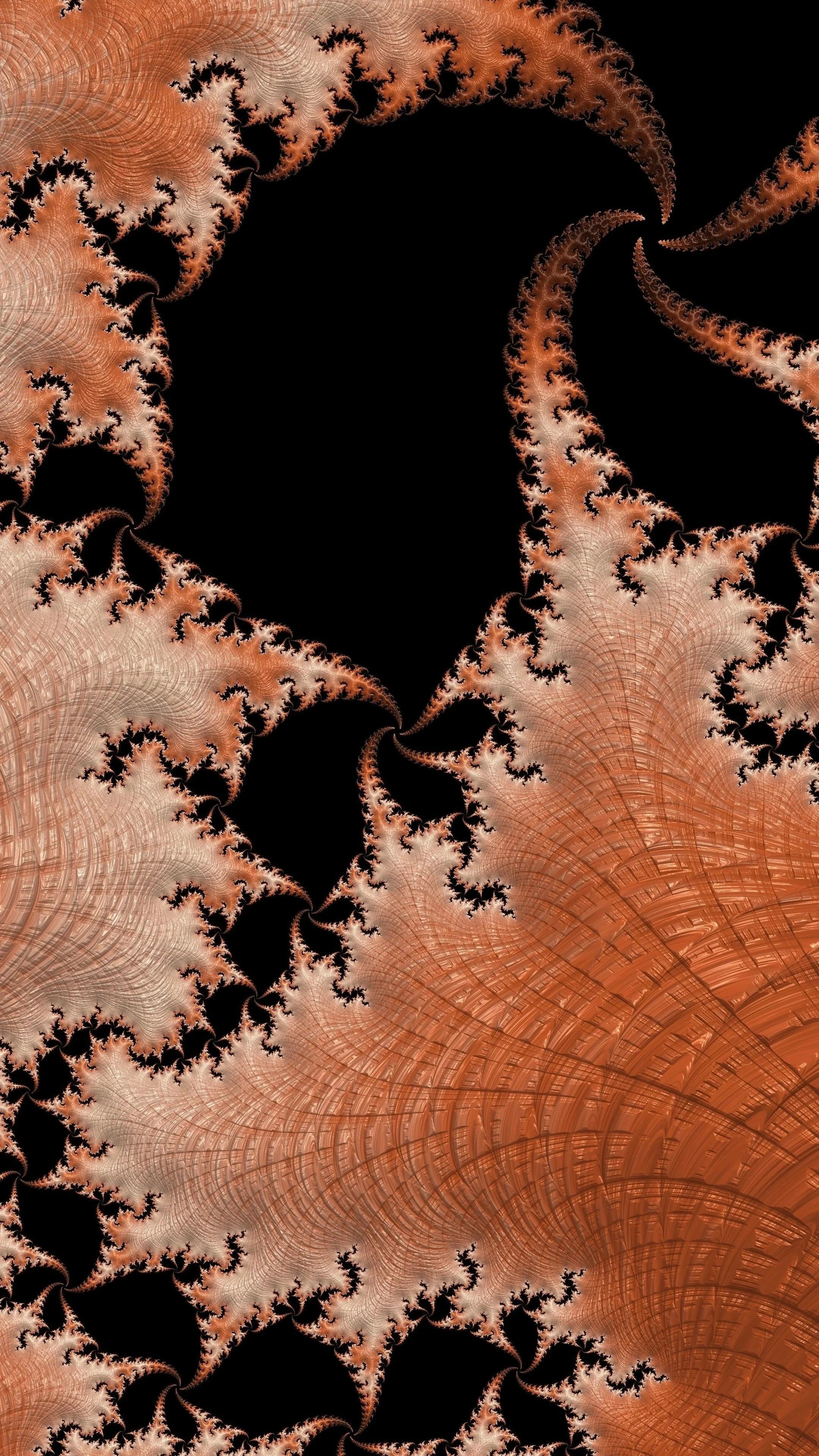 A digital fractal artwork with intricate, swirling patterns in shades of brown and beige on a black background.