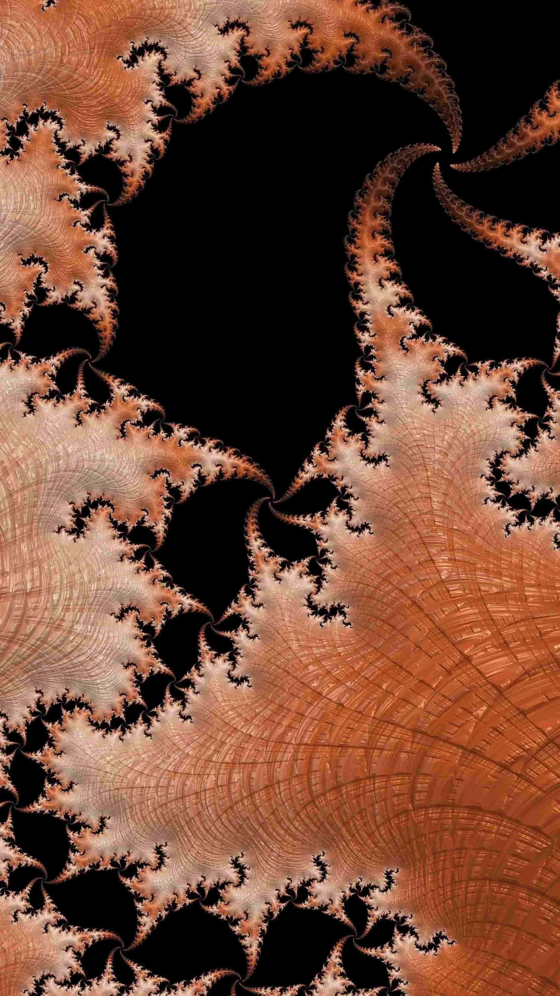 A digital fractal artwork with intricate, swirling patterns in shades of brown and beige on a black background representing movement education