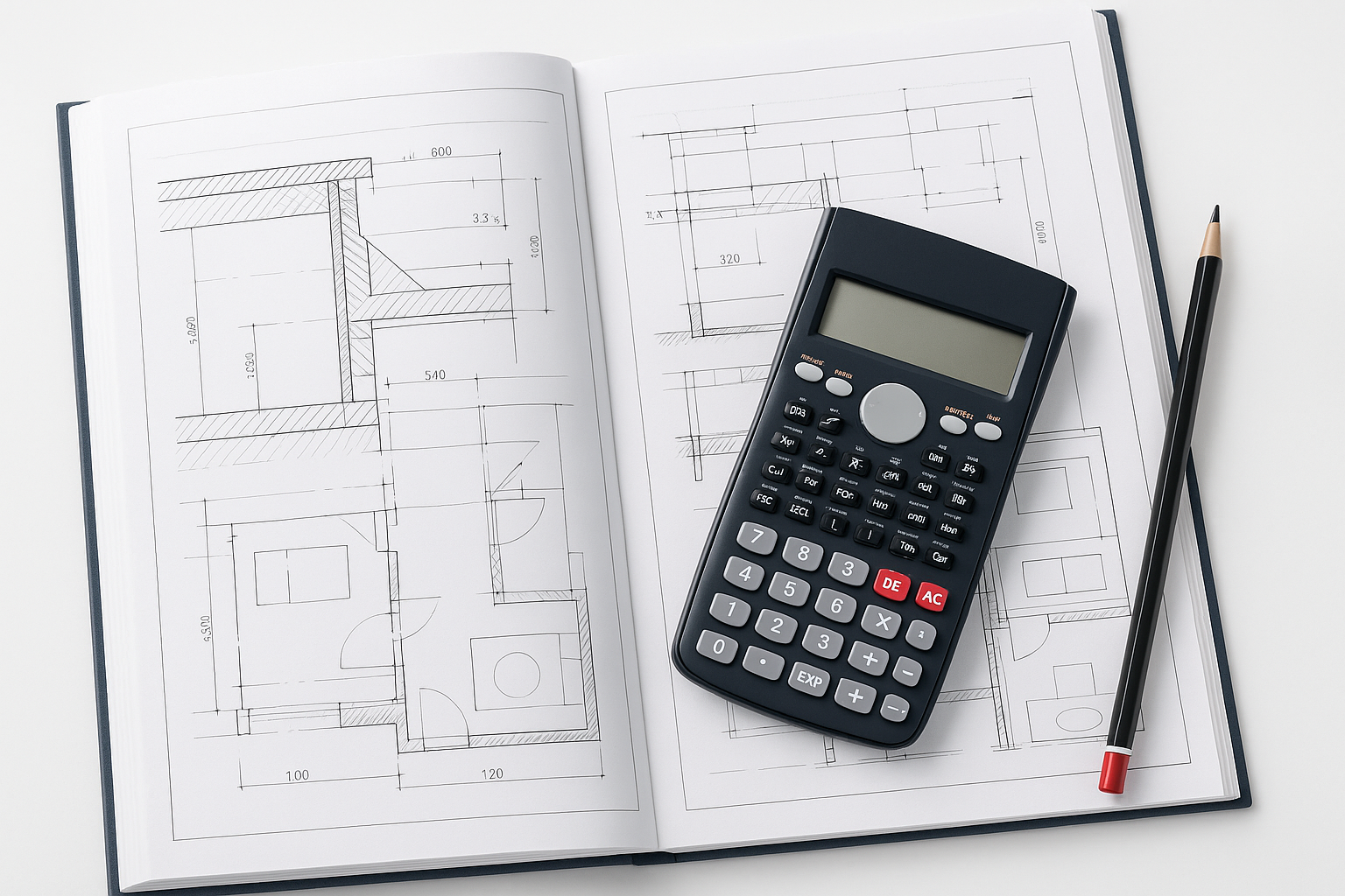 Open blueprint with technical drawings of a building interior, a calculator placed on top, and a pencil on the side.