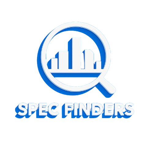 A logo with a magnifying glass and bar graph, and the text 'SpecFinders' underneath.