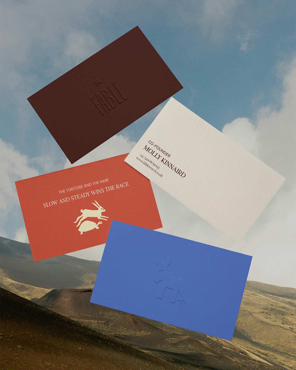 Business cards floating in the sky with a mountainous background. One card is white with black text, another is red with white text and animal silhouettes, a blue one with a subtle line drawing, and a dark red one with embossed text.