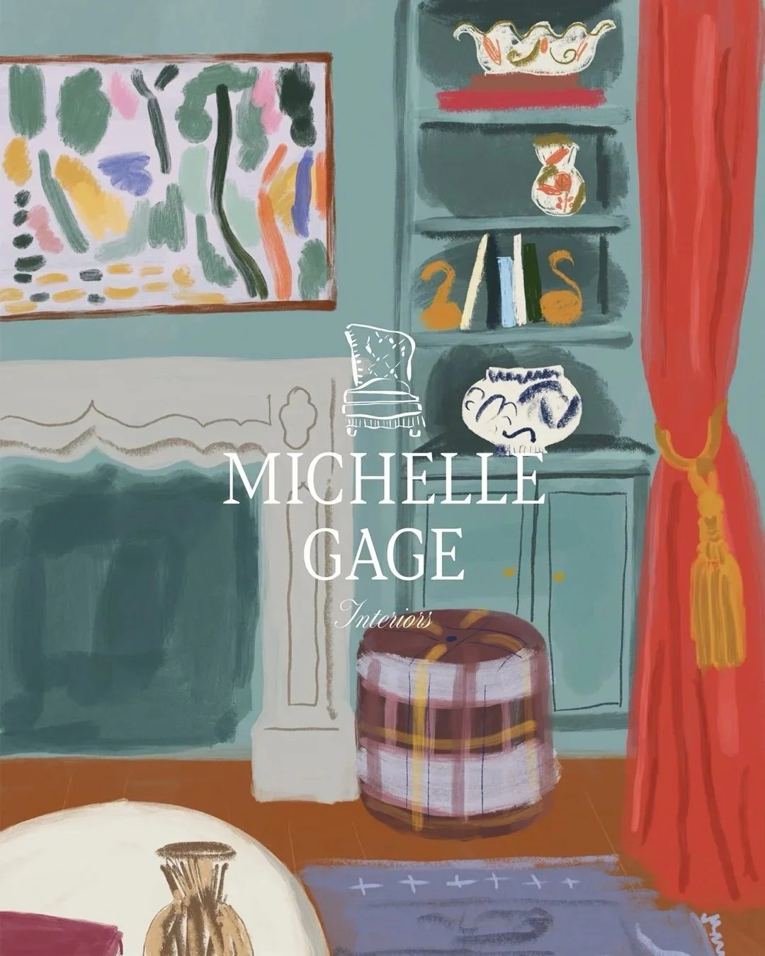 Interior view of a colorful room with a painting on the wall, a teal bookshelf with decorative items and books, a curtain, and a plaid upholstered stool.