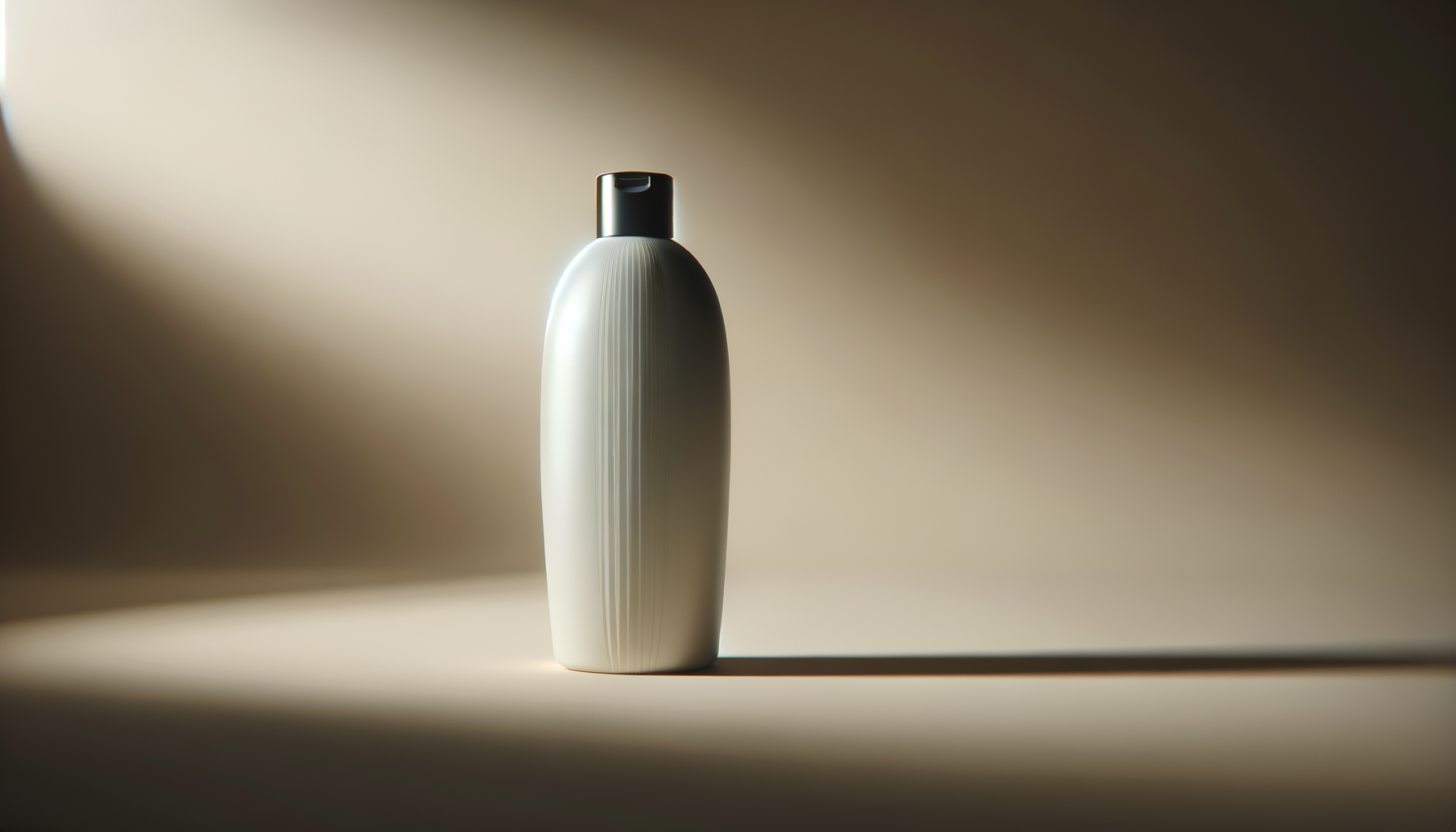 A sleek, white, vertically ridged bottle with a black cap on a beige surface, casting a shadow with a soft gradient background.