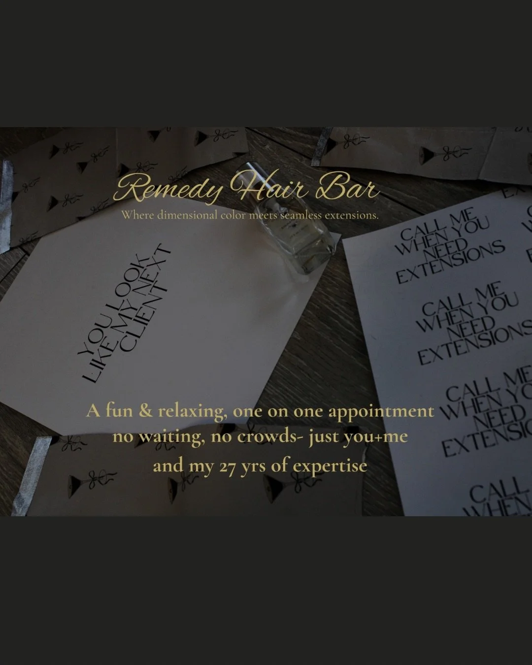 Promo for Remedy Hair Bar with text about services and atmosphere, featuring appointment cards and a wooden surface.