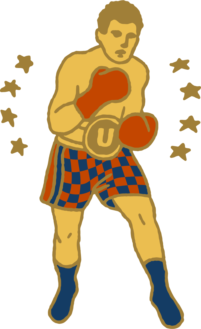Illustration of a boxer in a fighting stance wearing red gloves, plaid shorts, and holding a sign with a U