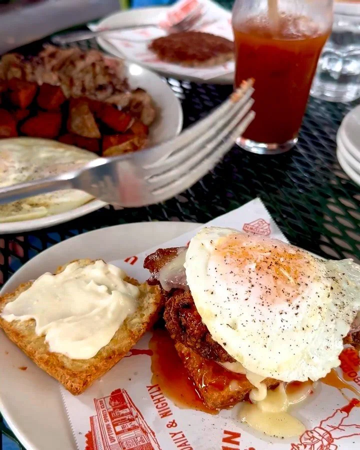 It&rsquo;s only Wednesday but we&rsquo;re already thinking about this weekend&rsquo;s brunch. ⁠
⁠
May we suggest the Fried Chicken Biscuit Sandwich (topped with an egg if you&rsquo;re feeling sparky), the obligatory Cinnamon Roll for the table, and t