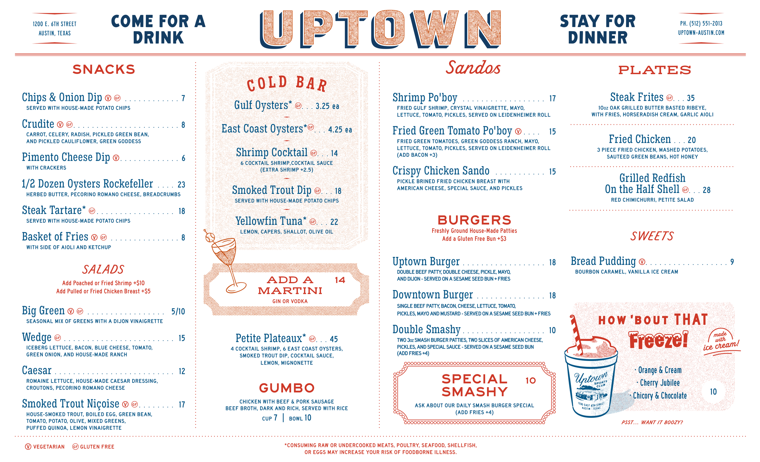 Uptown Austin restaurant menu featuring sections for snacks, cold bar, salads, sandwiches, plates, burgers, sweets, and special smashy, with prices and descriptions.