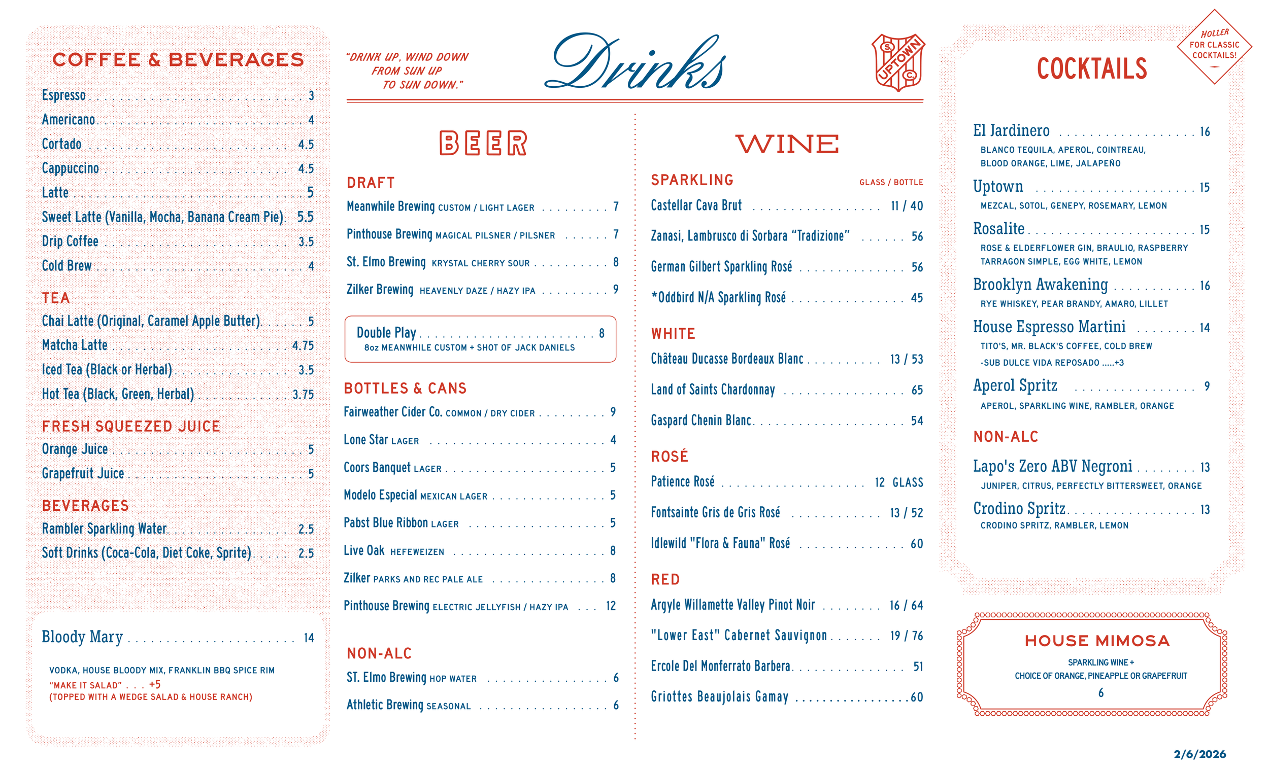 Uptown in Austin menu page showing drinks and cocktails with prices, including beer, wine, rosé, red wines, house mimosa, and non-alcoholic options, with a quote at the top about enjoying sunlight.