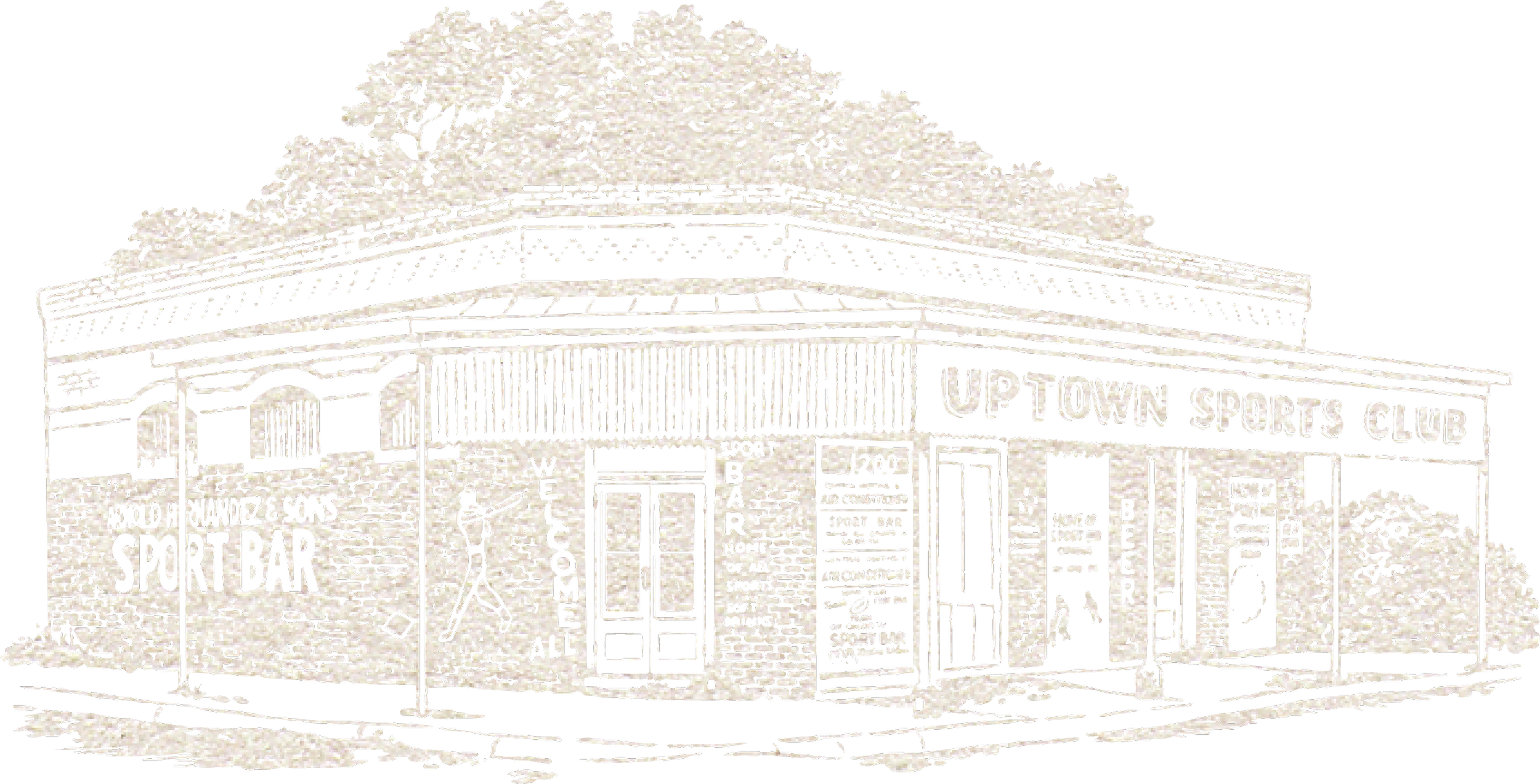 Outline drawing of Uptown Sports Club building with signs for a sport bar, exercise, and fitness facilities, surrounded by trees.