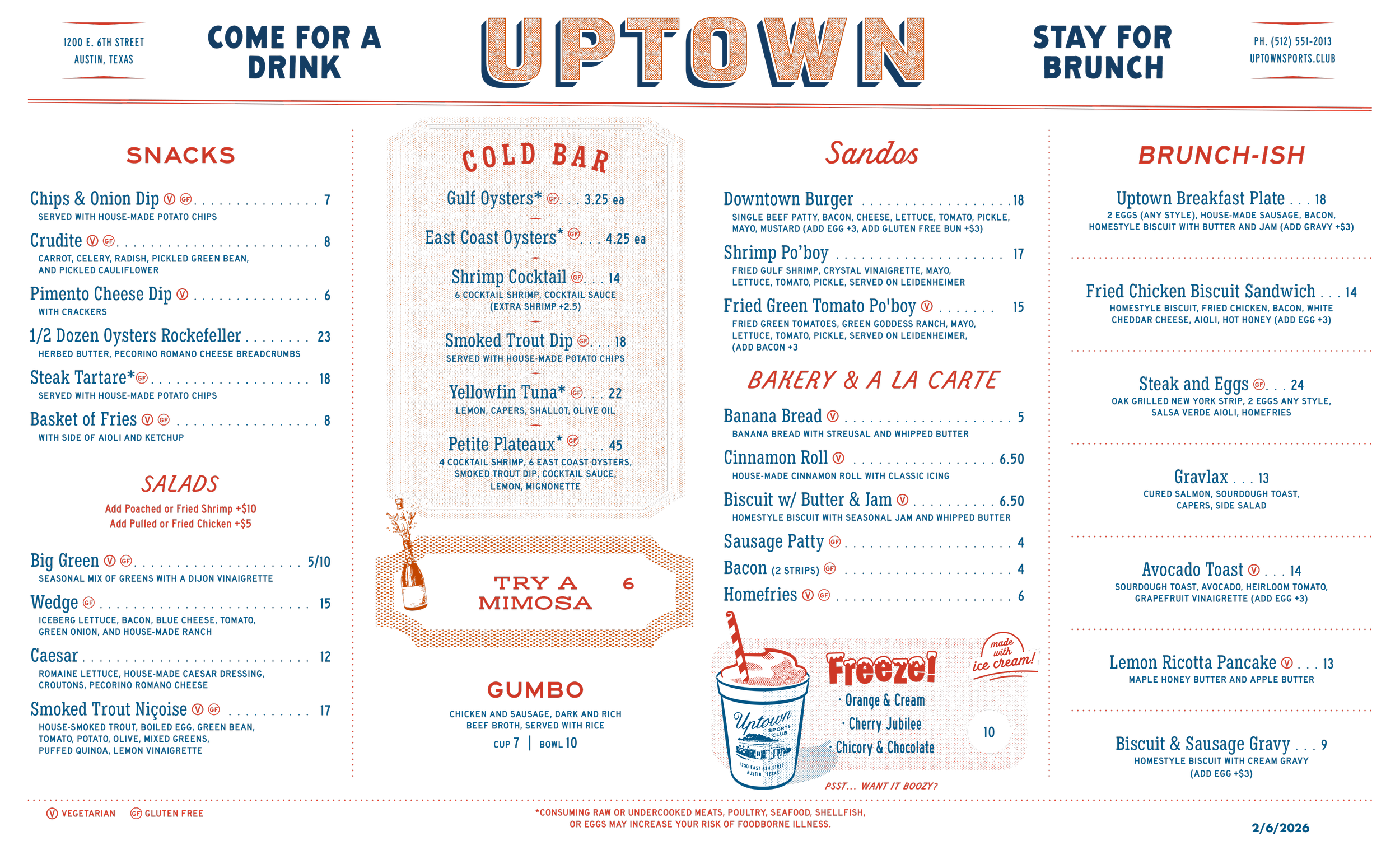 Menu for Uptown in Austin, Texas, featuring sections for Snacks, Salads, Cold Bar, Sandos, Bakery & La Carte, Brunch-ish dishes, and a Gumbo. The menu includes items like Chips & Onion Dip, Shrimp Cocktail, half dozen Oysters Rockefeller, Steak Tartare, Big Green Salad, Wedge Salad, Caesar Salad, Smoked Trout Niçoise, and various sandwiches and brunch options