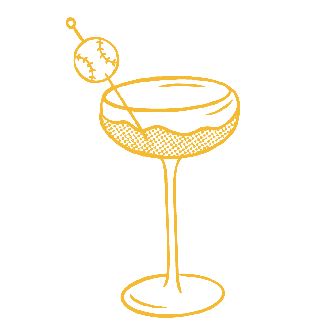 A line drawing of a cocktail glass with a salted rim, garnished with a decorative pick featuring a baseball.