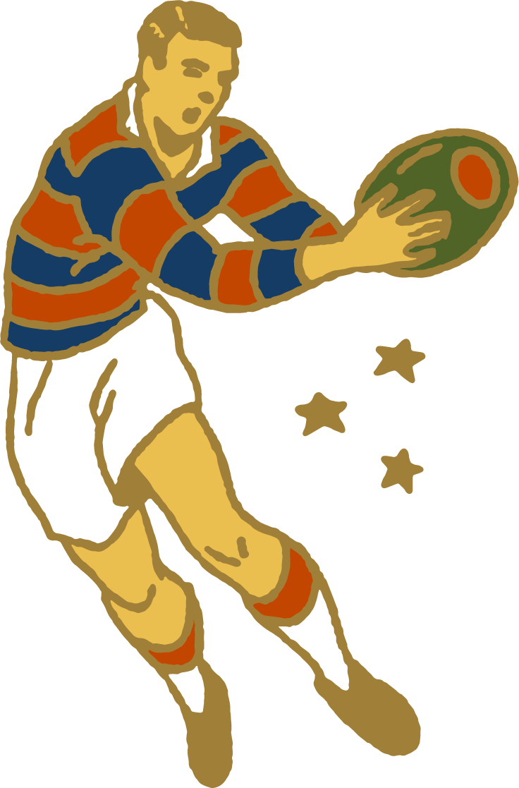 A young male athlete in a striped rugby jersey and white shorts hitting a rugby ball with his hand, with three stars nearby.