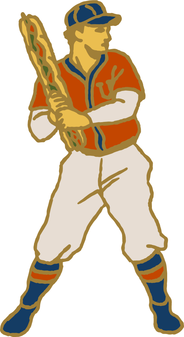 A cartoon illustration of a baseball player holding a bat over his shoulder, dressed in a baseball uniform with white pants, a red jersey, and a blue cap.