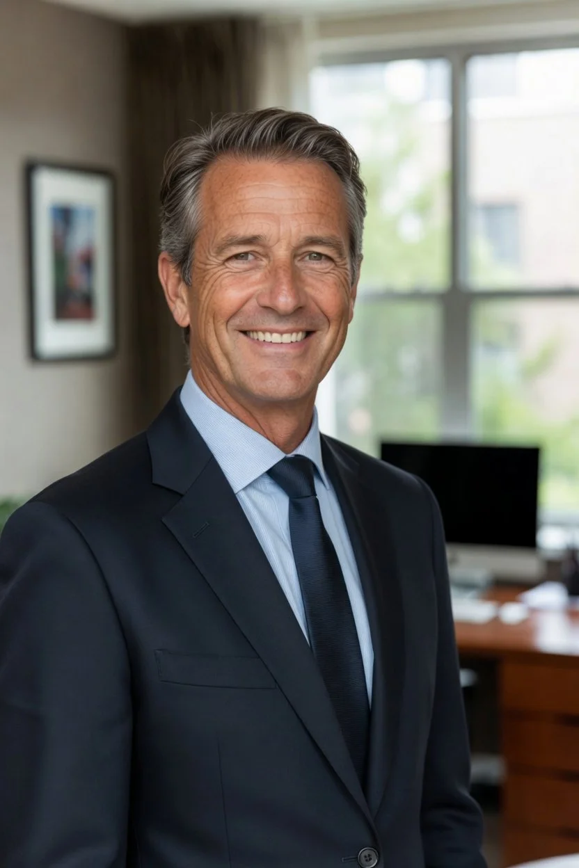 Smiling middle-aged man in a suit standing in an office with large windows.