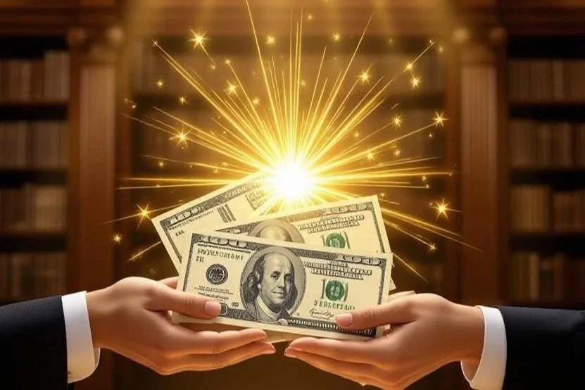 Two hands exchanging US $100 bills with a bright light and sparkles in the background.