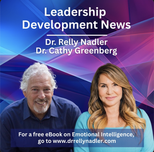 Promotional graphic titled "Leadership Development News" featuring Dr. Relly Nadler and Dr. Cathy Greenberg. The background has vibrant shades of blue and purple with abstract light streaks. Text announces free eBook on Emotional Intelligence and provides website link.