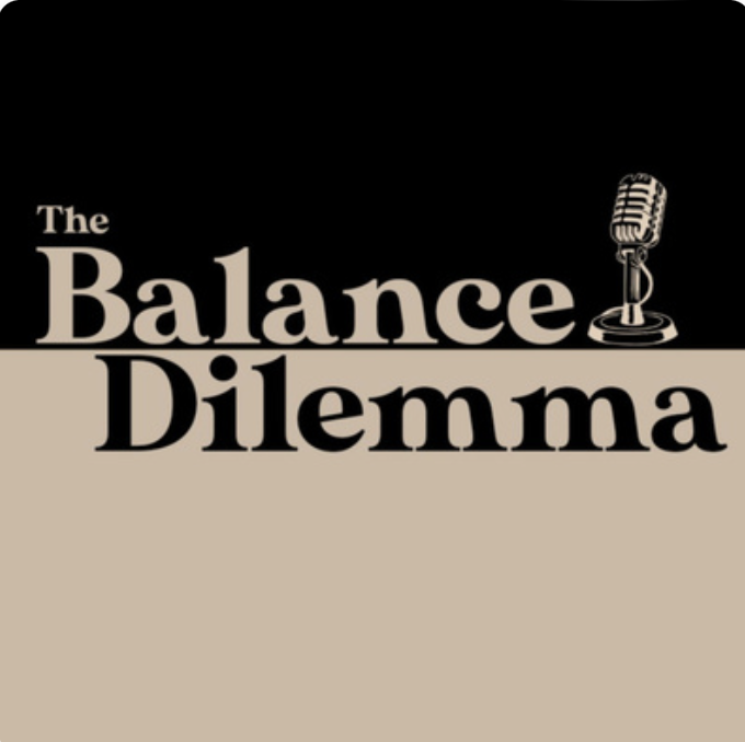 Book cover titled "The Balance Dilemma" with a vintage microphone illustration on a black and beige background.