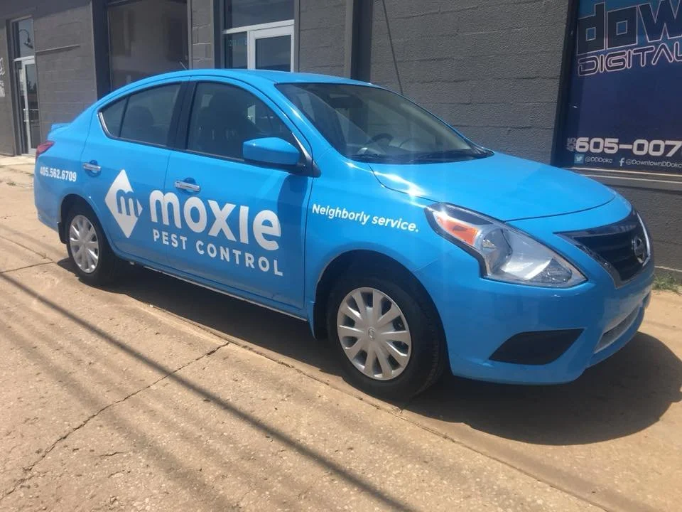 Blue Moxie Pest Control car parked on a city street with building in background.