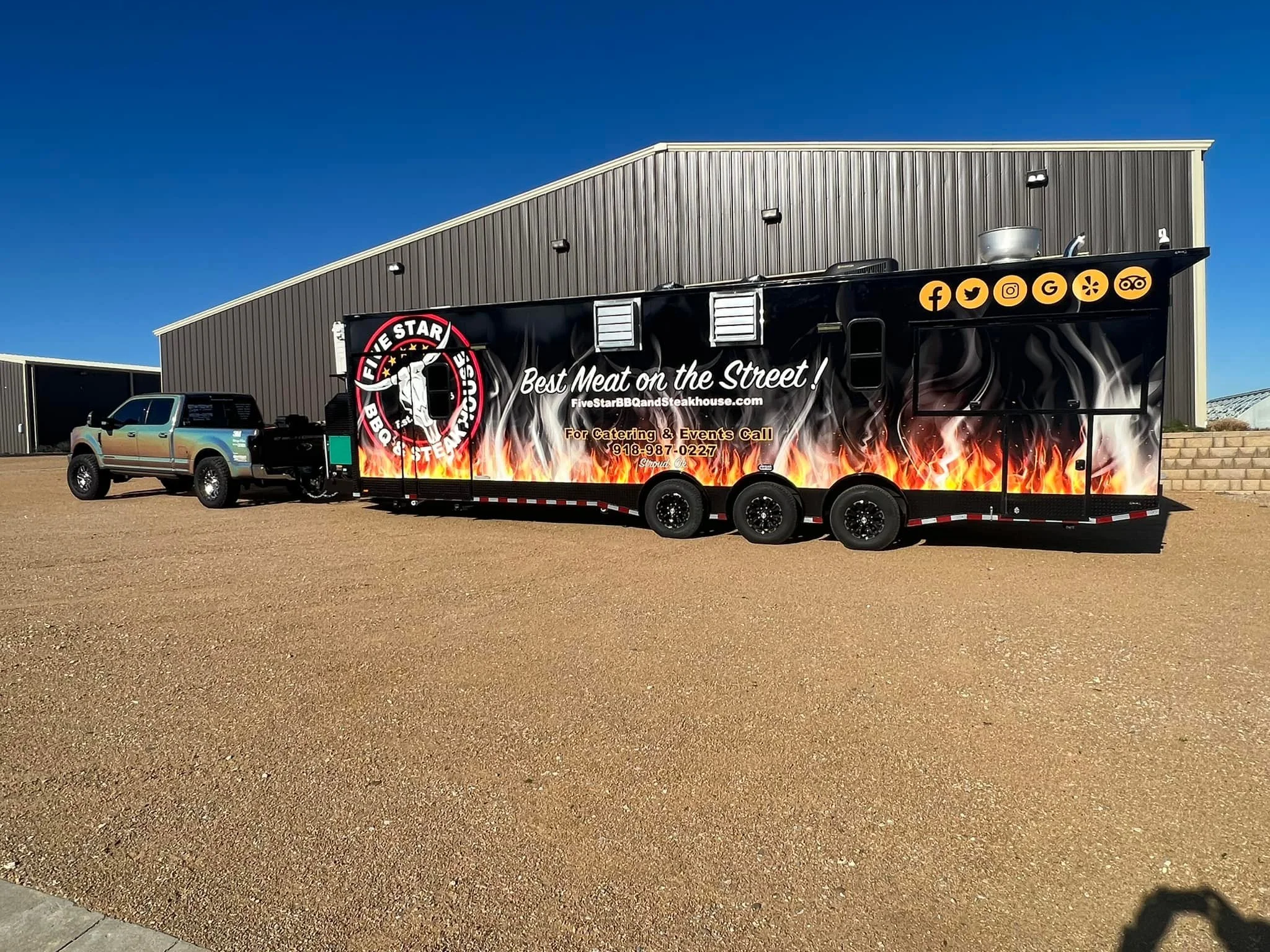 Food truck vehicle wrap advertisement for five star BBQ best meat on the street with detailed flames for an eye catching ad