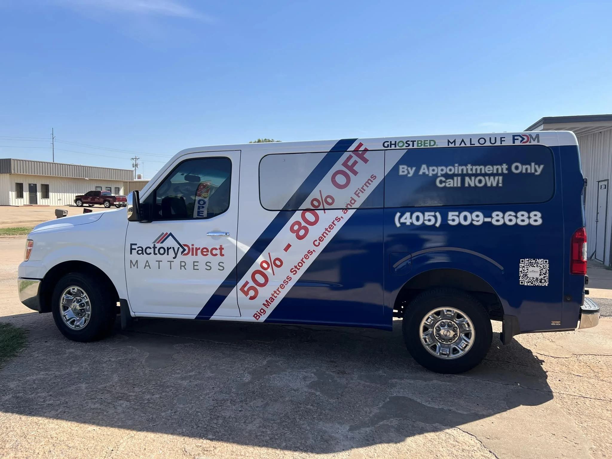 Factory direct mattress vehicle wrap design with discount sale advertisement blue and white 