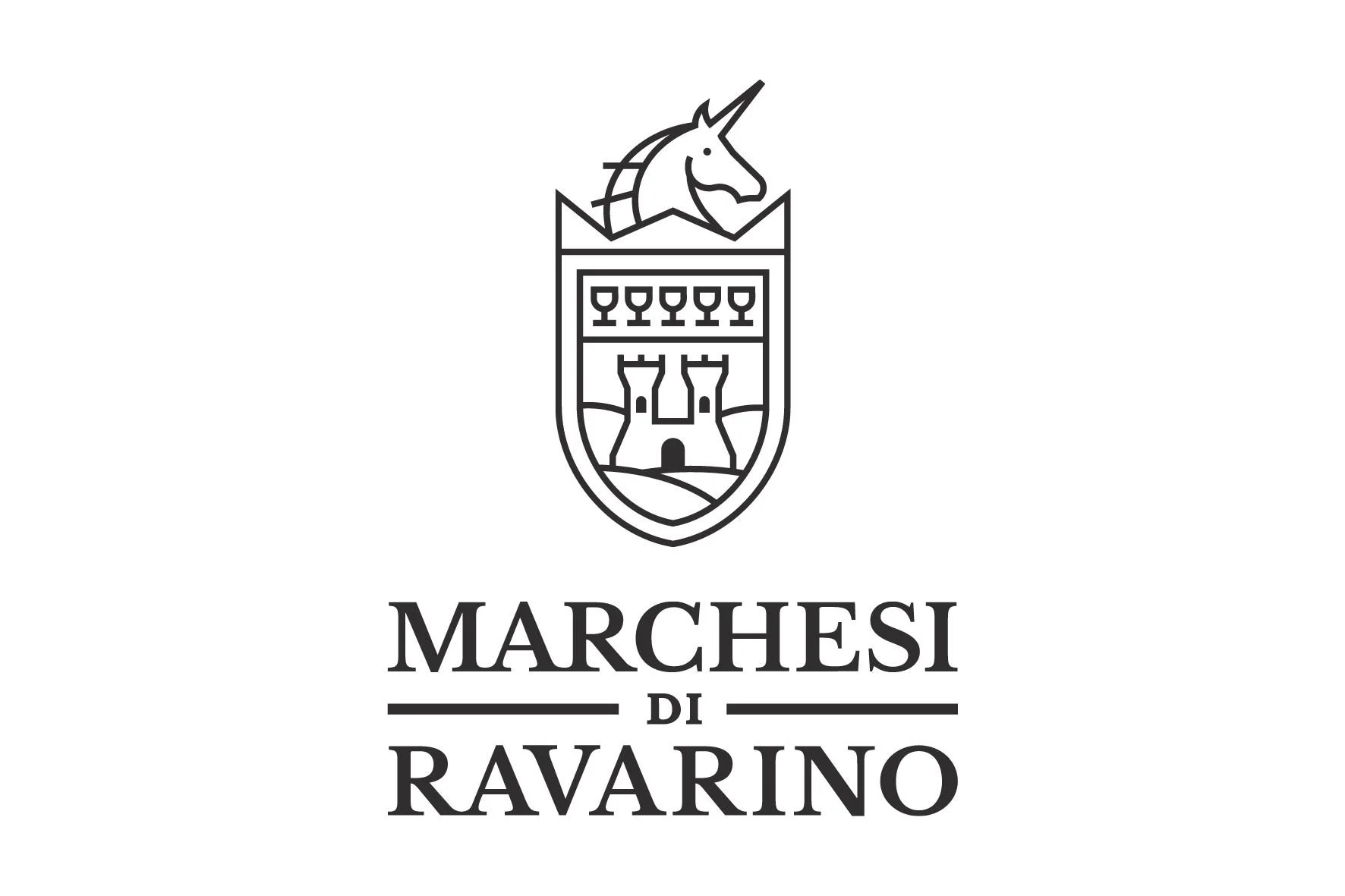 Logo in bianco e nero con uno scudo che mostra due torri, un castello, e un unicorno sopra il logo. Sotto, il testo 'Marchesi di Ravarino'.