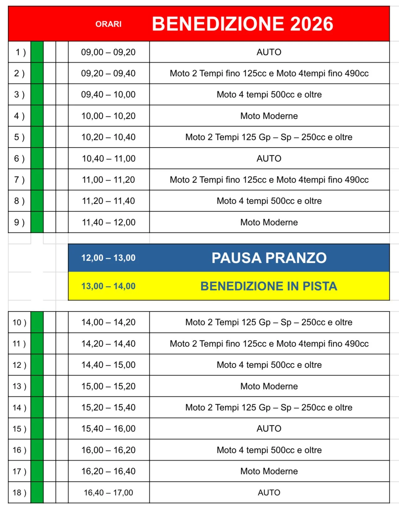 Orario di Benedizione 2024 con fasce colorate per momenti diversi, inclusi orari di benedizione per automobili e moto, pausa pranzo dalle 12:00 alle 14:00, e benedizione in pista dalle 13:00 alle 14:00.