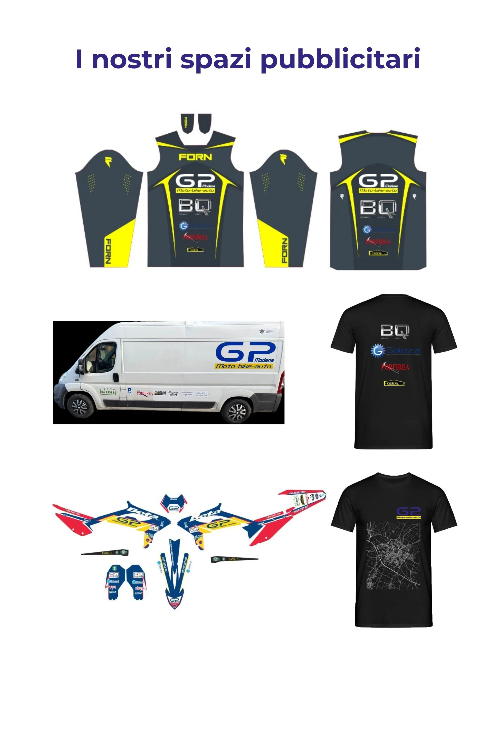 Abbigliamento e materiale promozionale per un team di motocross, includendo maglie, gilet, veicolo e parti di un set adesivi. Tutti i pezzi sono decorati con il logo 'GP' e altri sponsor.