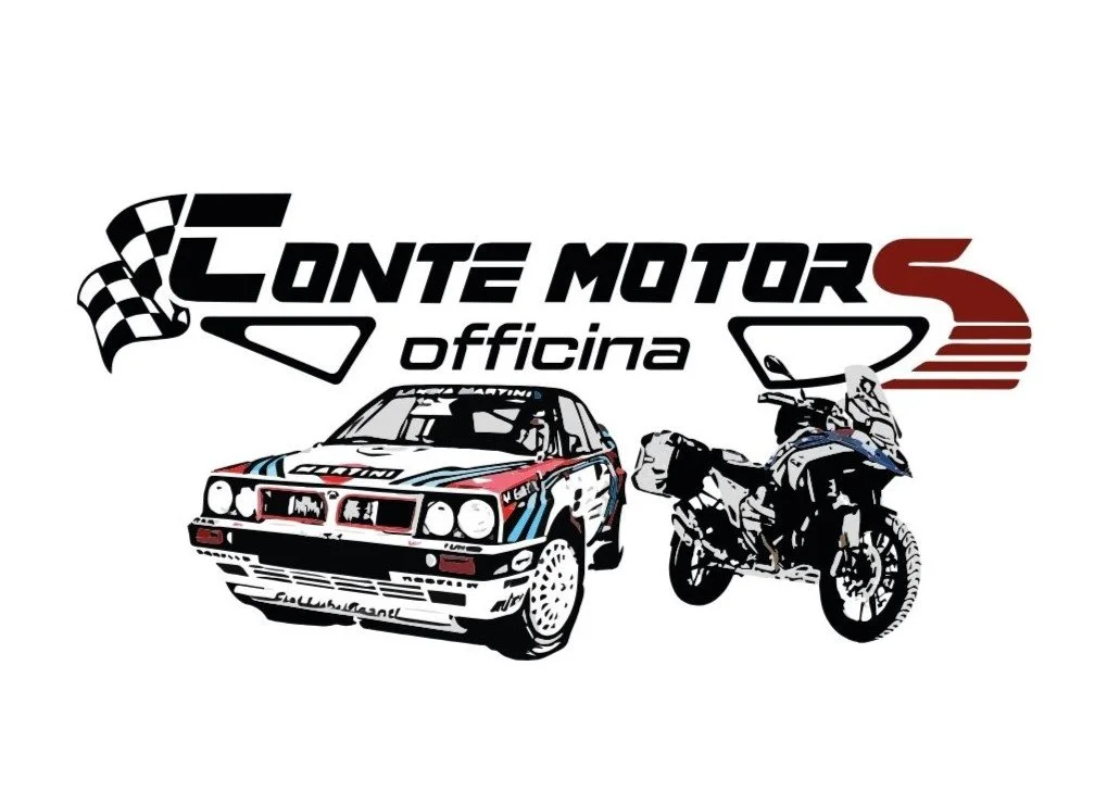 Logo di un'officina chiamata 'Conte Motors', con un'auto da corsa e una moto