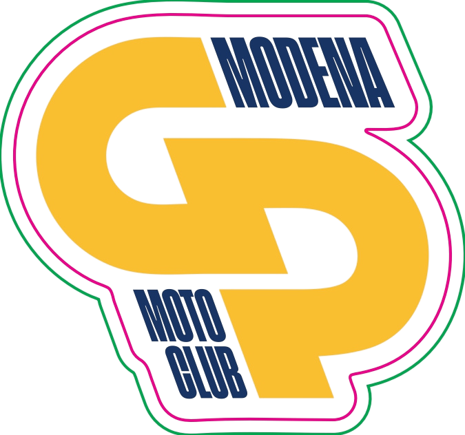 Logo motoclub GP Modena colorato con il testo 'SUPER', 'MOTIVE', e 'GRAN' in stile futuristico.