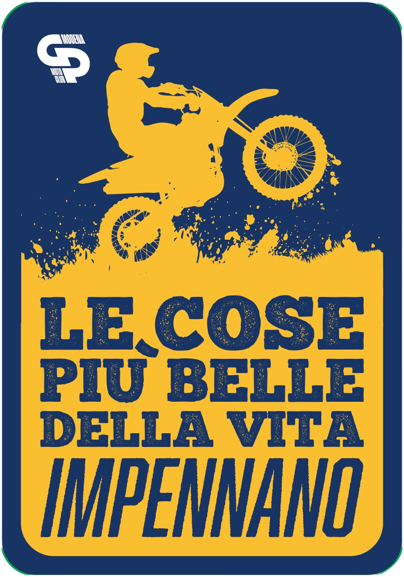 Silhouette di un motociclista che fa motocross con testo in italiano: "Le cose più belle della vita impennano" e logo "Modena Moto Club" in alto a sinistra.