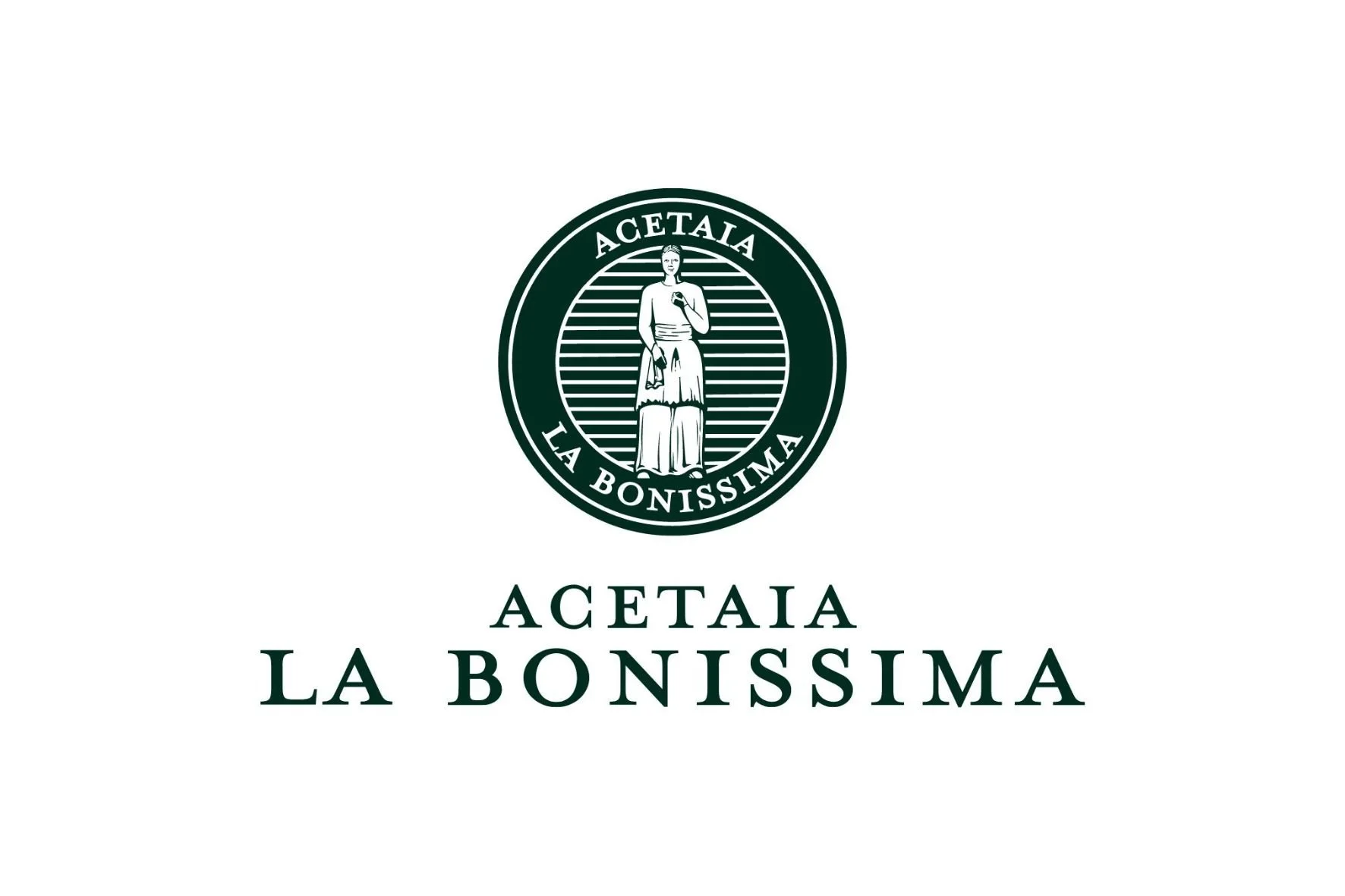 Logo di Acetaia La Bonissima con un'evanescente figura femminile a figura intera, racchiuso in un cerchio verde scuro con testo bianco.