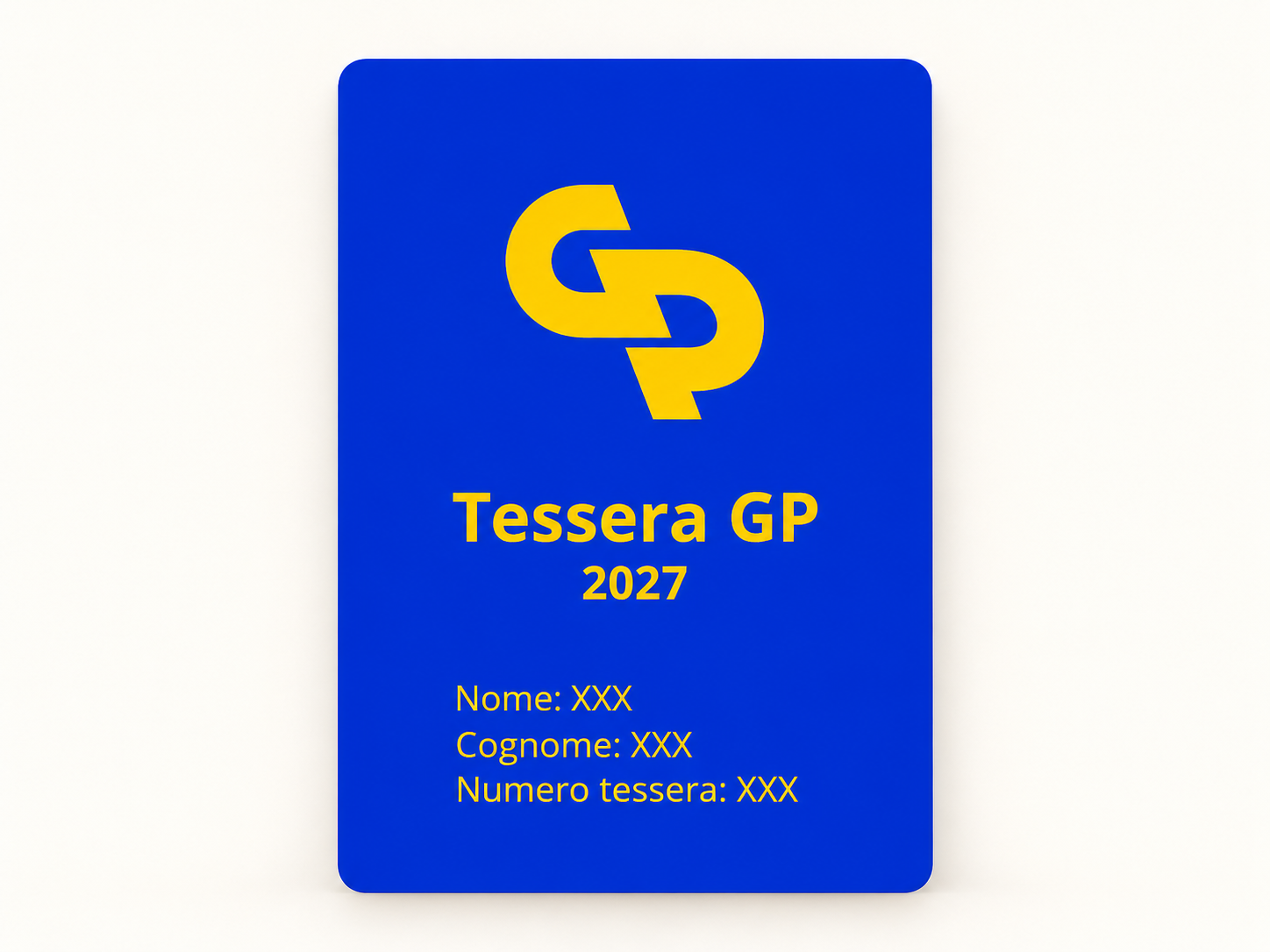 Tessera GP Modena 2027 blu e gialla con logo GP