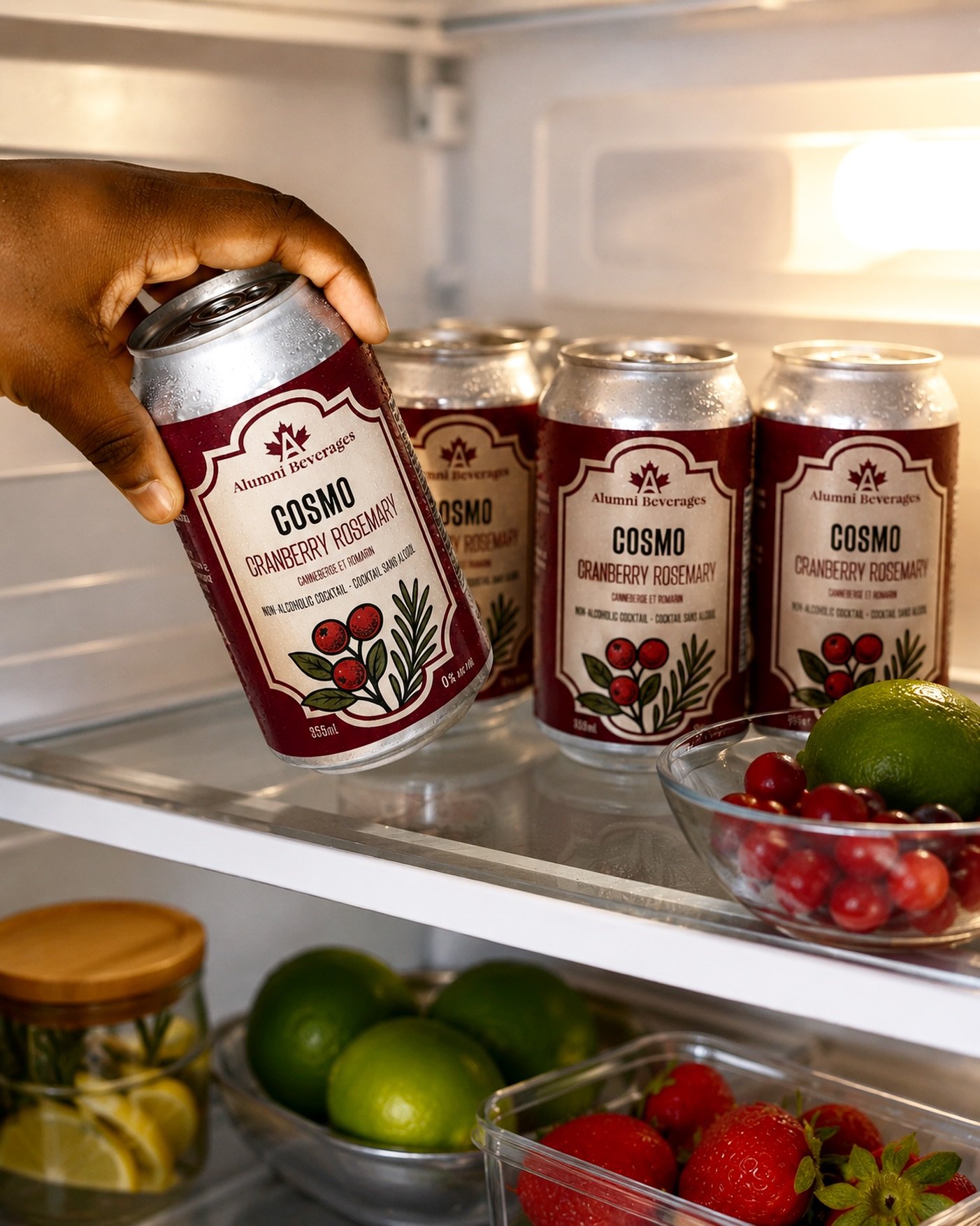 Ice. Frozen cranberries. Fresh lime.
That&rsquo;s the ritual.
Our Cranberry Rosemary Cosmo is the fridge staple that pours like a cocktail and disappears like one too. #alumnibeverages #mocktail #zeroproof #mocktailrecipe #zeroalcohol