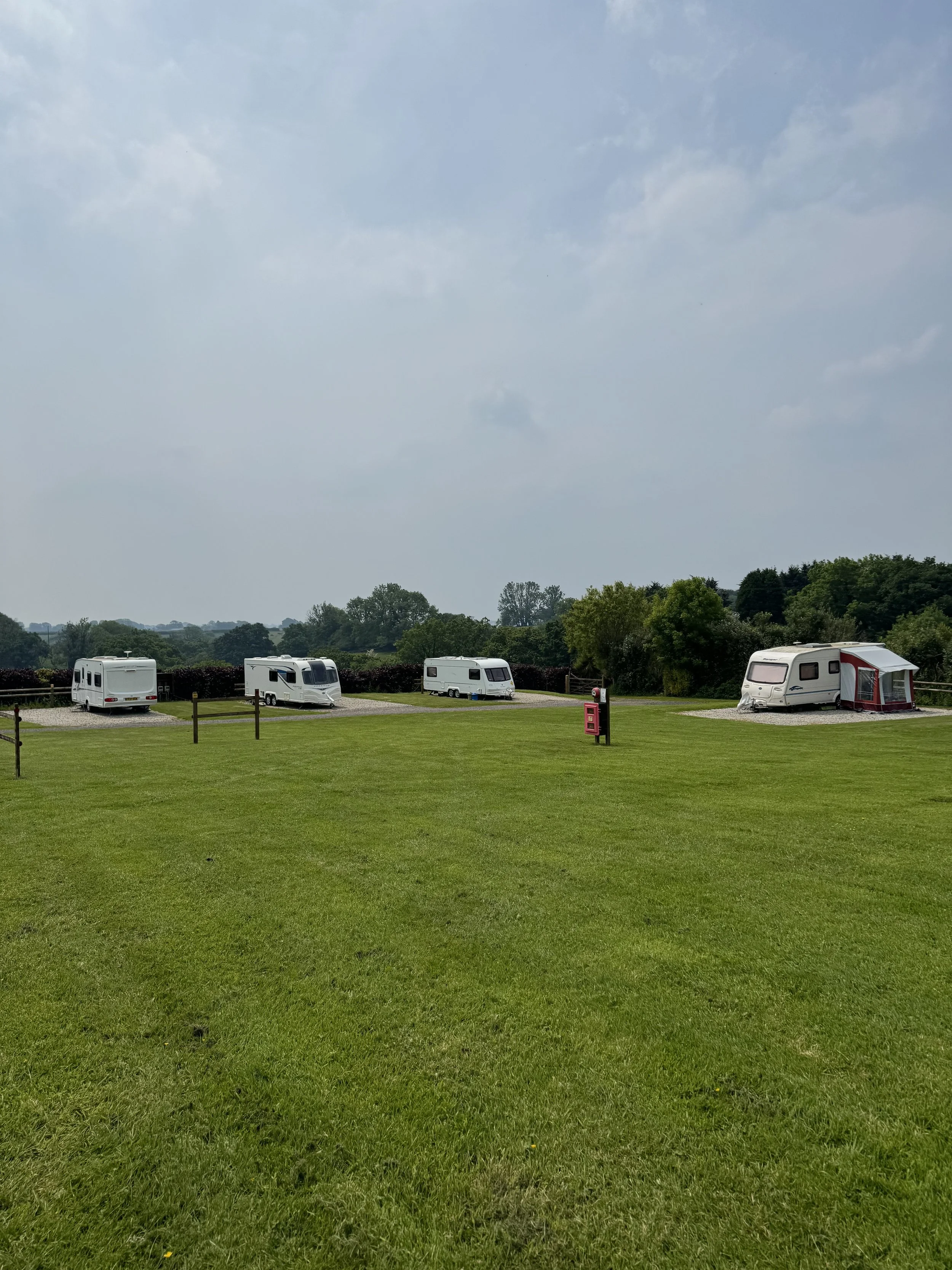 Four white caravans parked on designated spots in a grassy outdoor area with trees and bushes in the background under a partly cloudy sky.