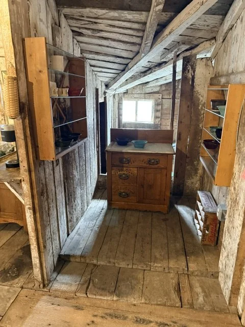 Interior of a rustic wooden cabin with a small hallway, a dresser with bowls on top, and shelves on the walls.