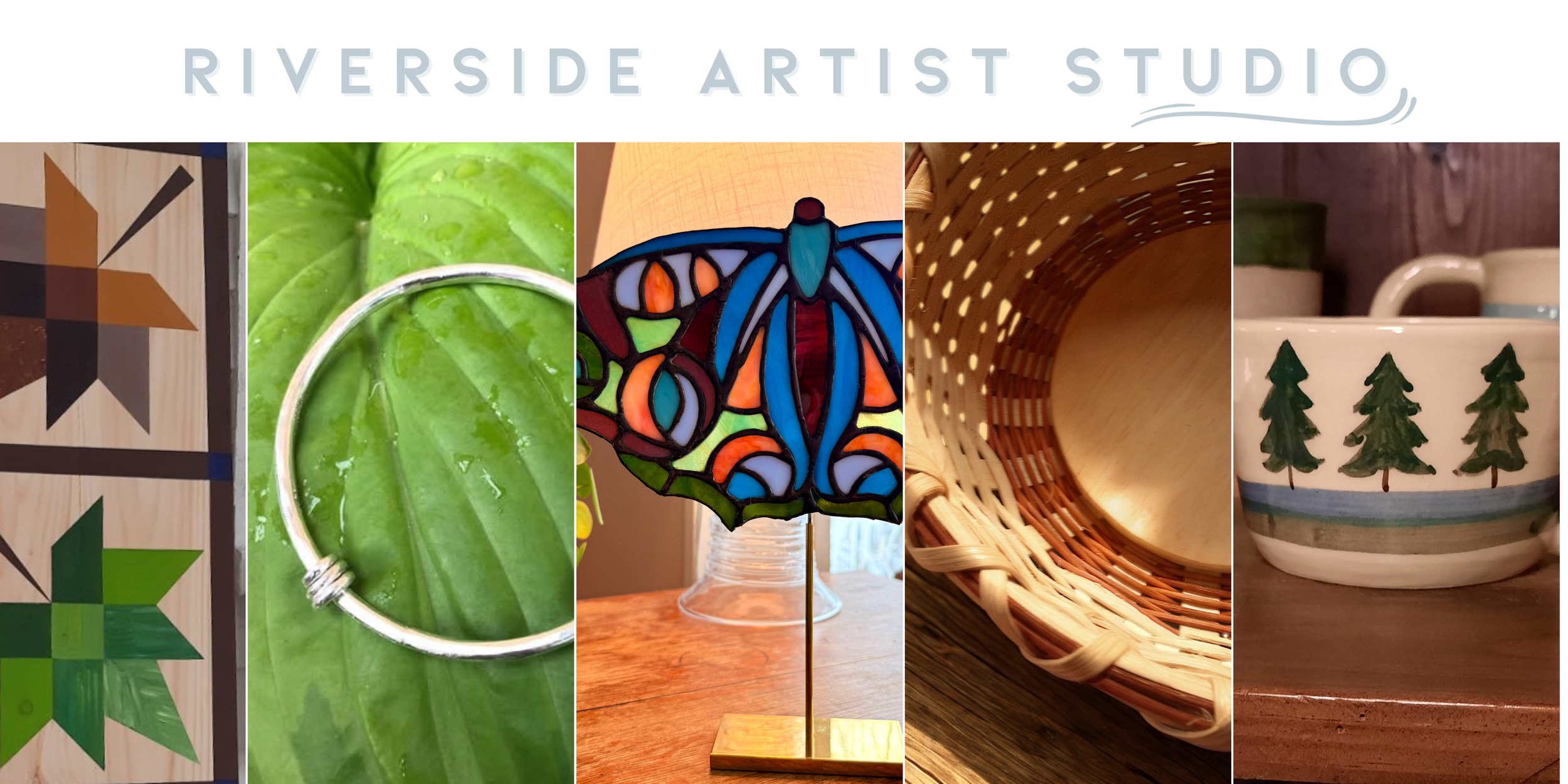 Collage of handcrafted wooden and ceramic items, including a geometric painted wooden piece, a silver bracelet on a green leaf, a stained glass butterfly lamp, a woven basket, and a ceramic mug with a pine tree design, at Riverside Artist Studio.