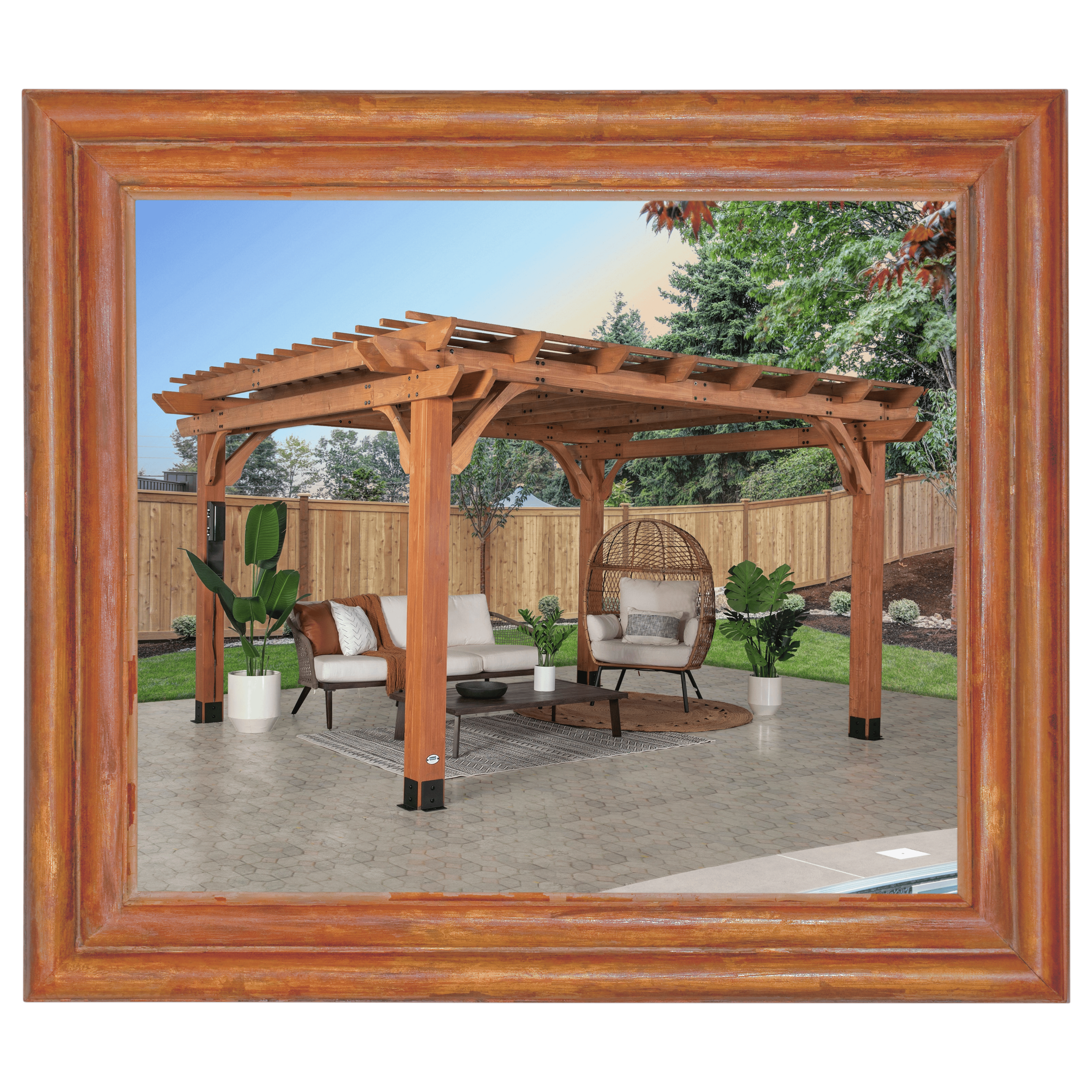 A backyard patio with a wooden pergola, outdoor furniture including a sofa and a hanging egg chair, surrounded by potted plants and a wooden fence with trees in the background.