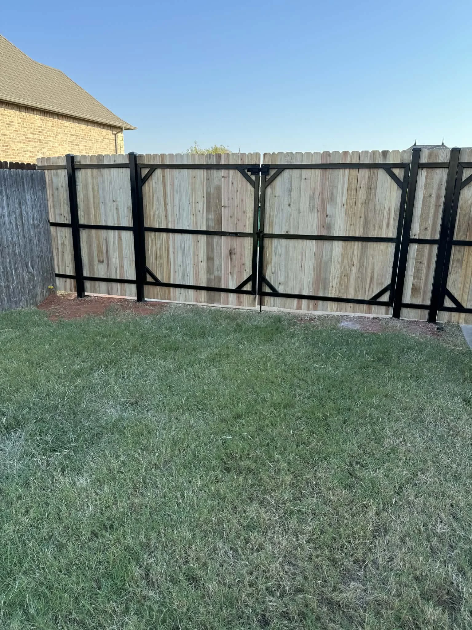 Newly installed wooden privacy backyard fence with black gate in a residential area, showing green grass and a clear blue sky.