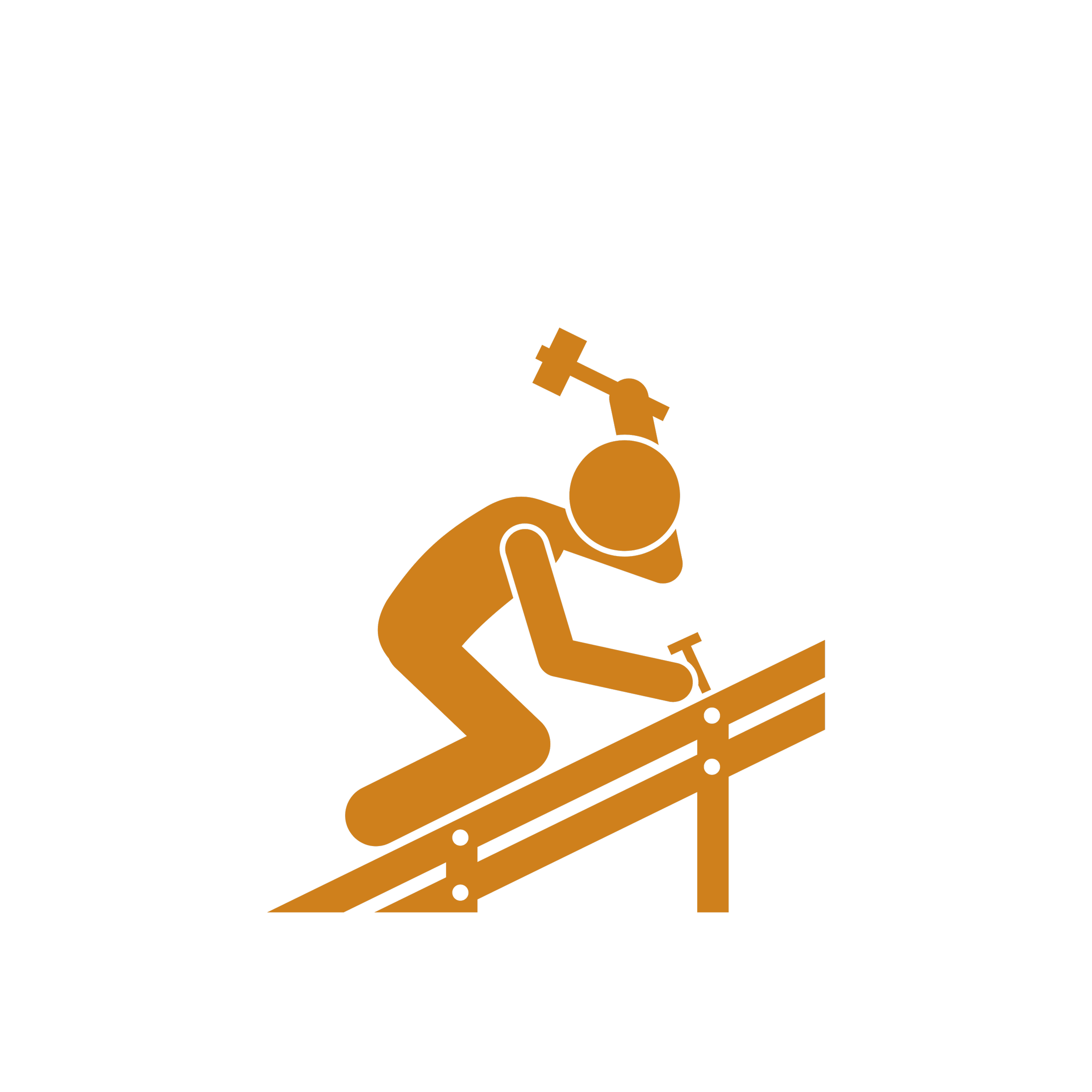 A simple drawing of a figure with a round head and body, kneeling on a wooden plank, hammering a nail, with a rising or setting sun in the background.