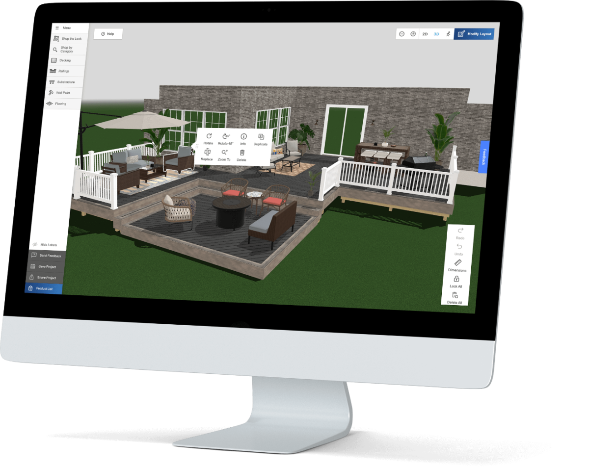 Computer screen displaying a 3D outdoor deck design with furniture, plants, and a brick house exterior.