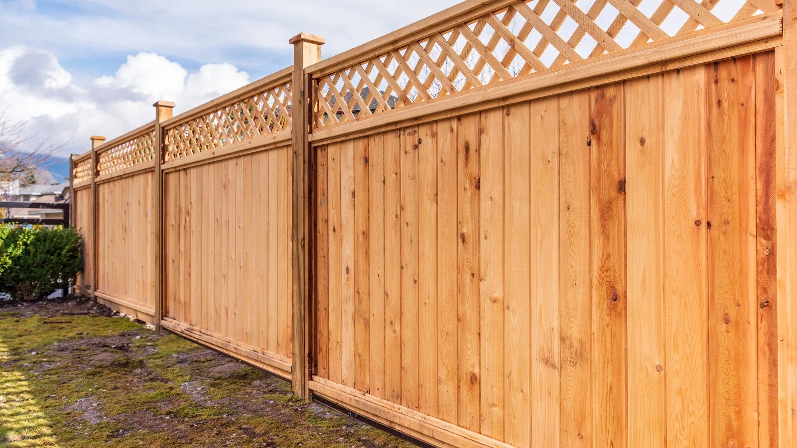 Long wooden privacy fence with lattice top in a backyard, with shrubs and a cloudy sky