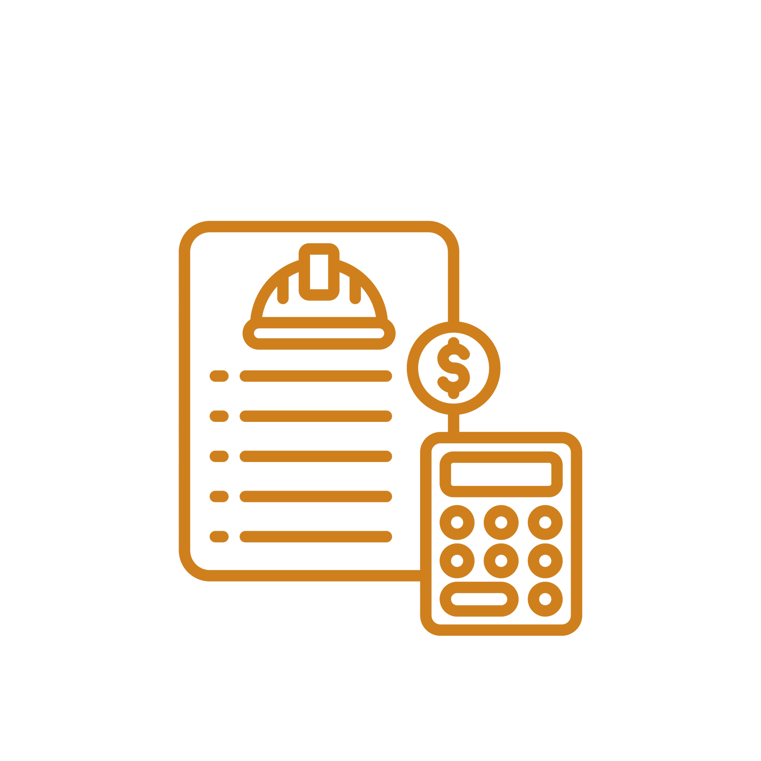 Icon of a receipt, dollar sign, and calculator in orange outline on black background.