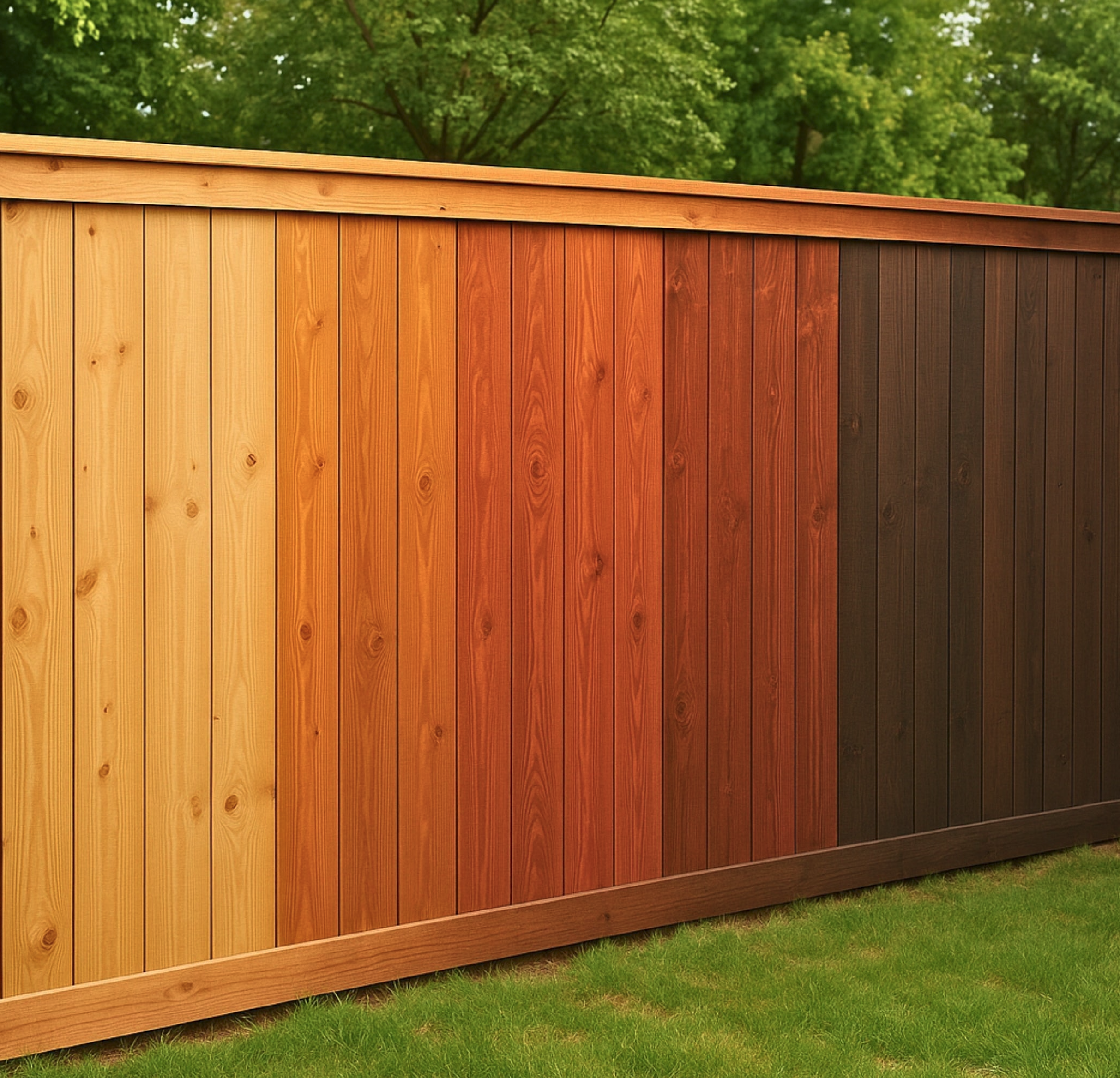 A wooden fence with vertical planks in varying shades from light tan to dark brown, set against a background of green trees and grass.