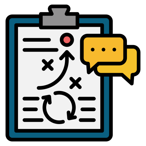A clipboard with a strategic planning diagram, including arrows and crosses, alongside speech bubbles indicating communication or discussion.