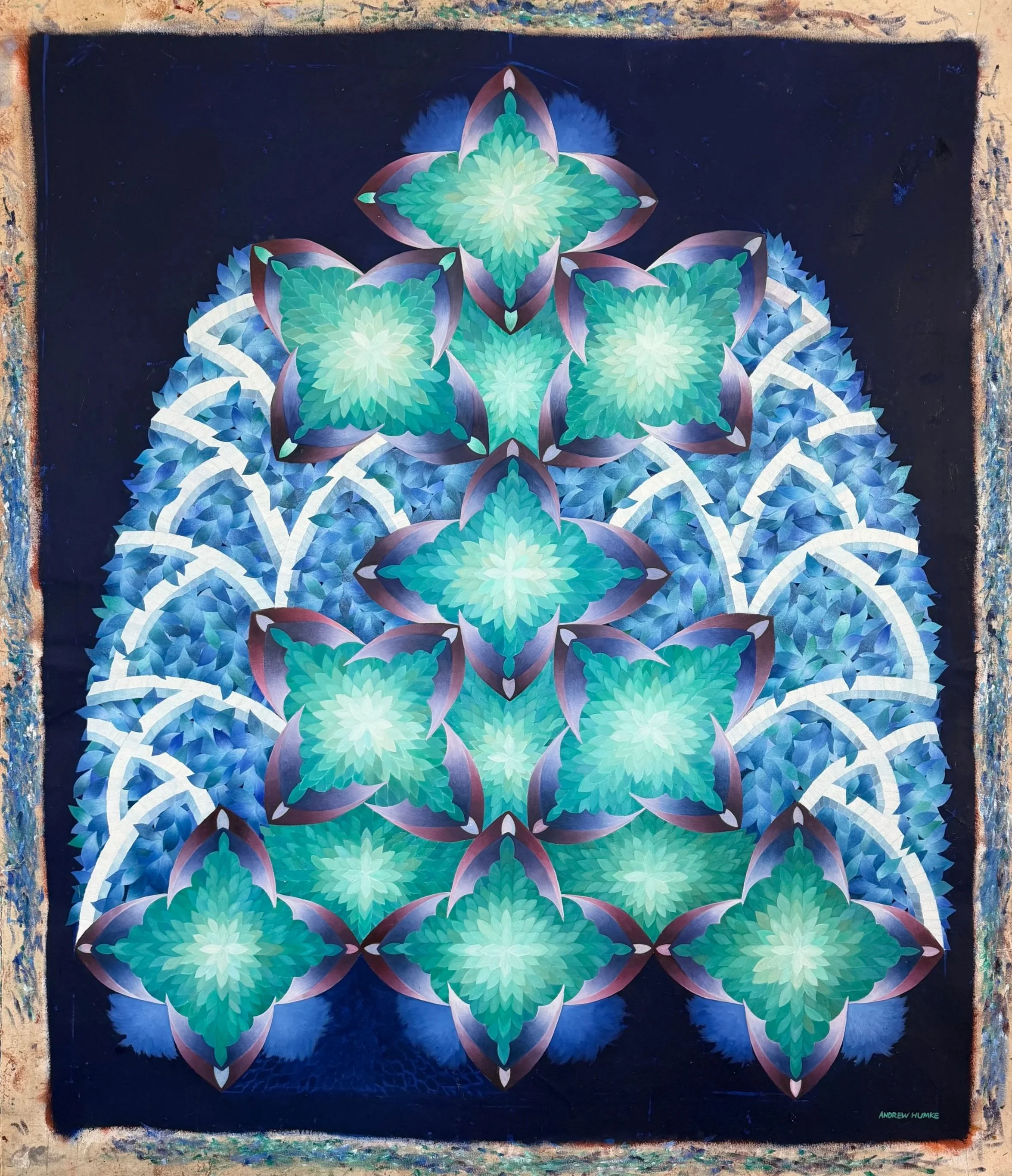 A vibrant abstract painting featuring symmetrical, geometric floral and leaf patterns in shades of green, blue, and purple on a dark background.