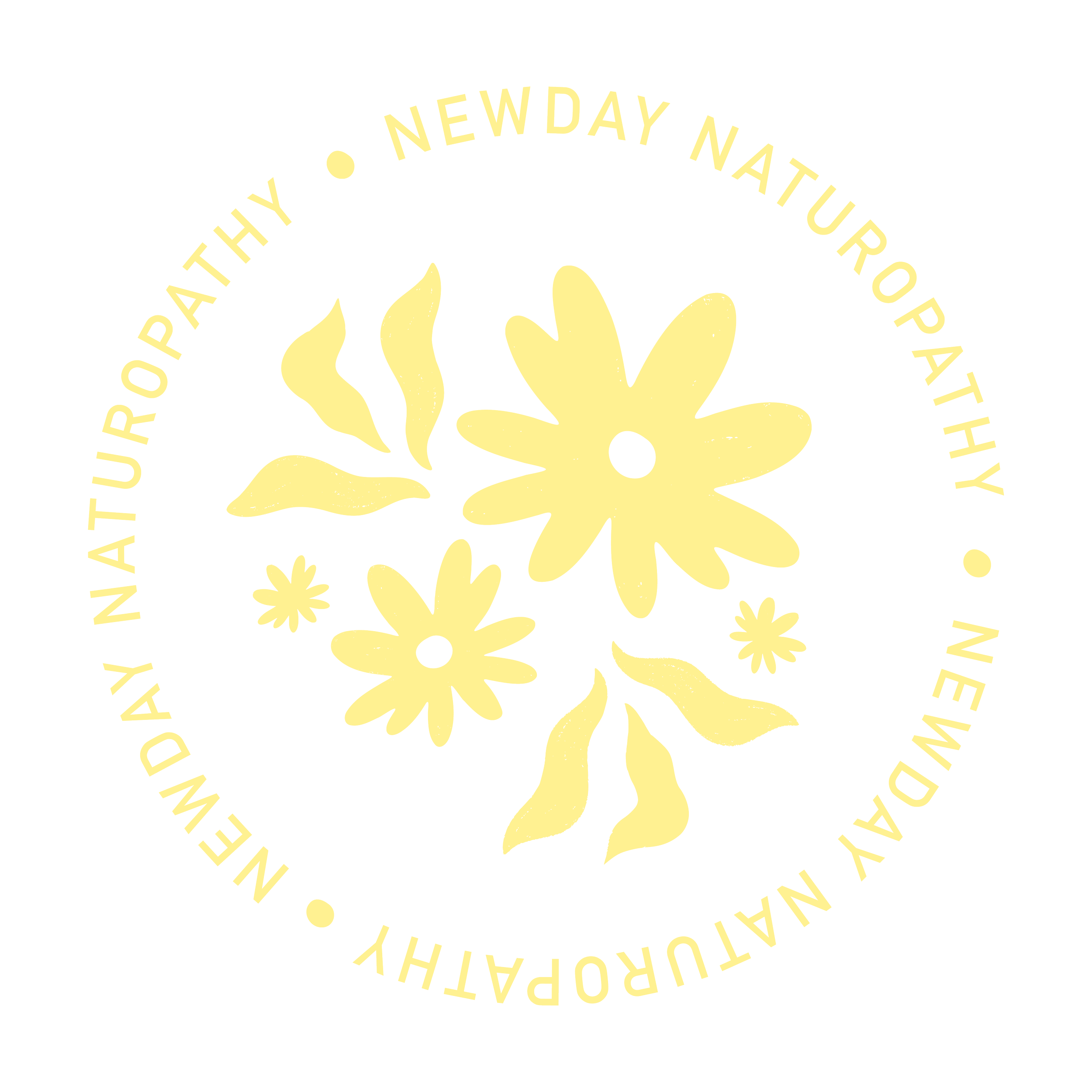 Yellow floral logo with the text 'Newday Naturopathy' repeated around the circle on a black background.