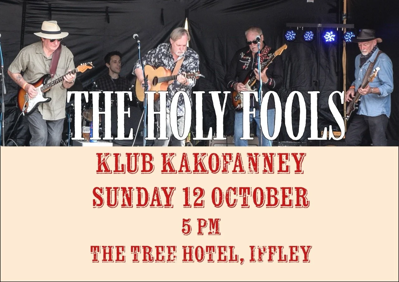 A promotional poster for a live music event featuring a band called The Holy Fools. The poster includes a photo of the band playing on stage with four musicians holding guitars, with a black backdrop and stage lighting. The event is at Klub Kakofonne