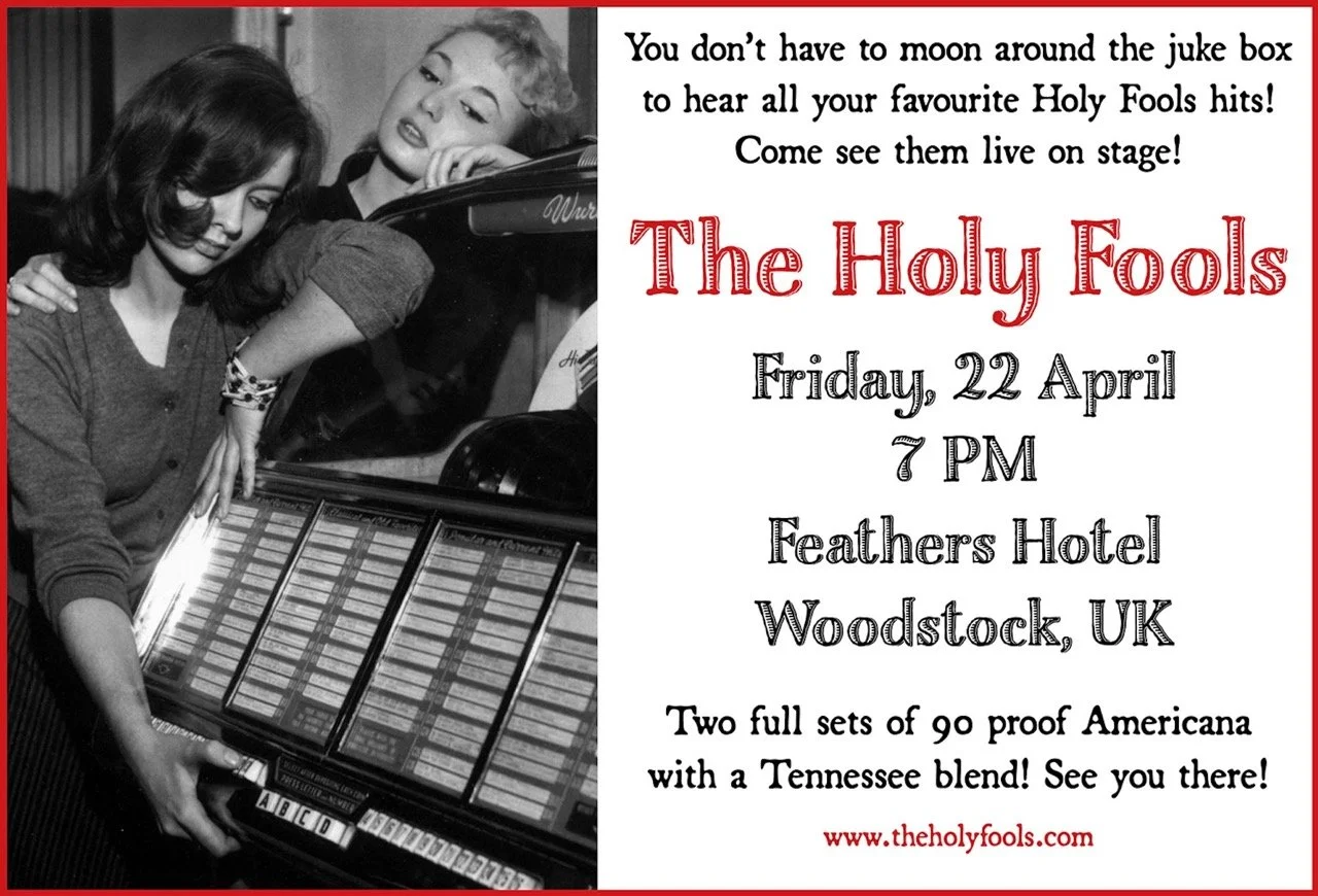 Black and white photo of two young women at a jukebox, one leaning on it and the other resting her head on her hand; adjacent promotional flyer for a live music event titled 